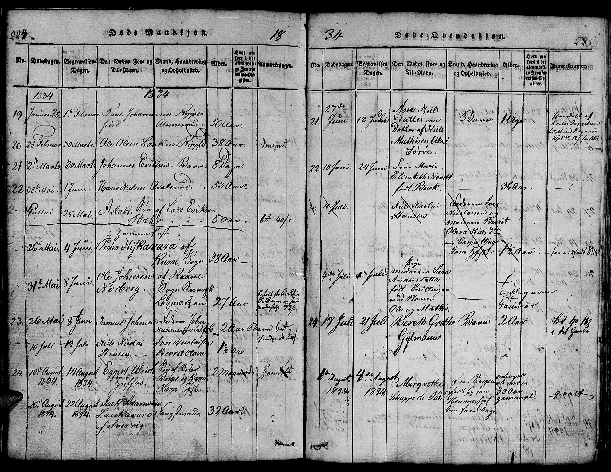 Hammerfest sokneprestkontor, AV/SATØ-S-1347/H/Hb/L0001.klokk: Klokkerbok nr. 1, 1822-1850, s. 224-225