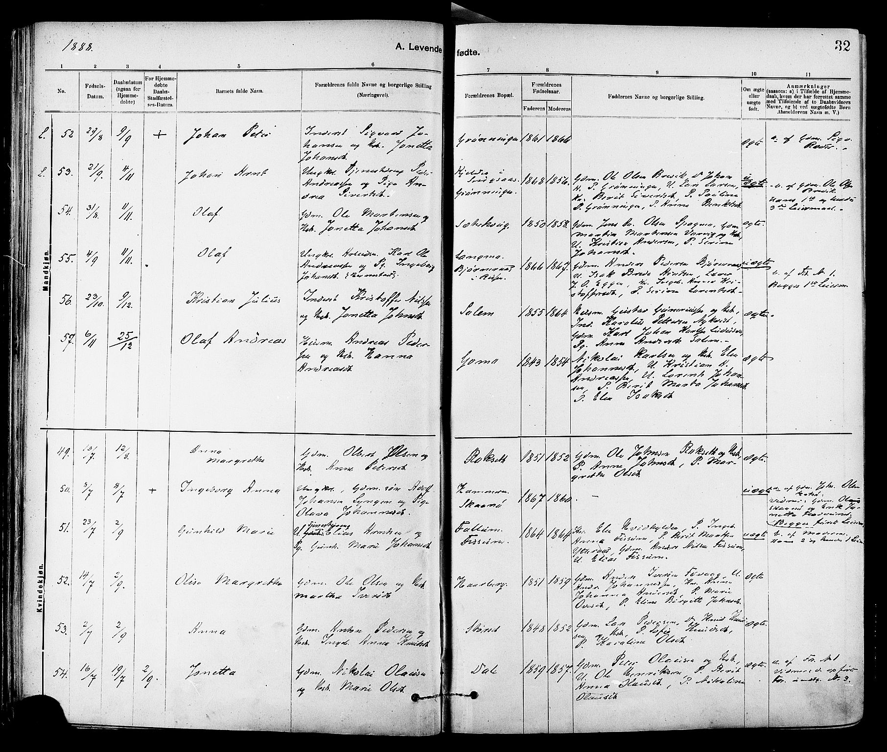 Ministerialprotokoller, klokkerbøker og fødselsregistre - Sør-Trøndelag, AV/SAT-A-1456/647/L0634: Ministerialbok nr. 647A01, 1885-1896, s. 32