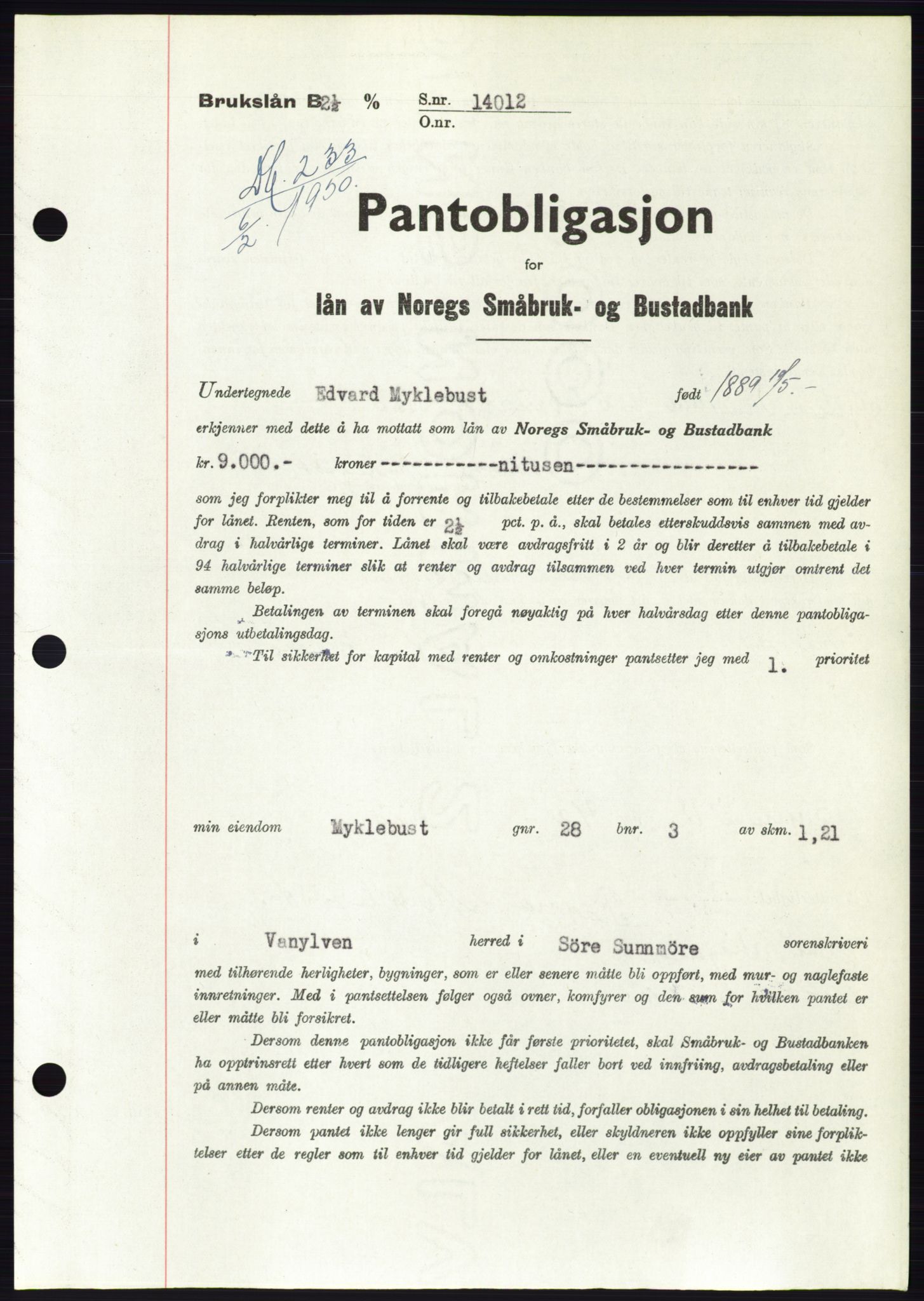 Søre Sunnmøre sorenskriveri, SAT/A-4122/1/2/2C/L0118: Pantebok nr. 6B, 1949-1950, Dagboknr: 233/1950