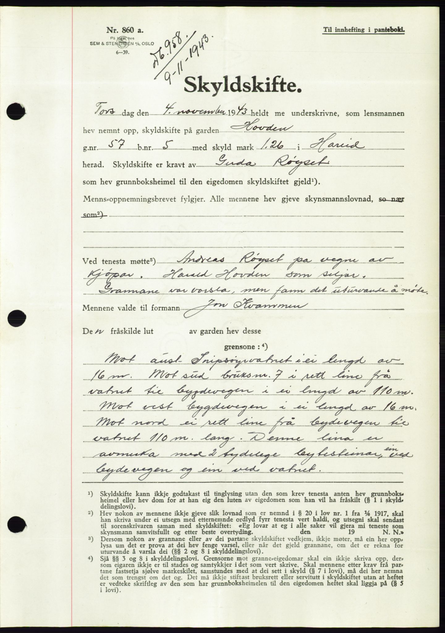 Søre Sunnmøre sorenskriveri, AV/SAT-A-4122/1/2/2C/L0075: Pantebok nr. 1A, 1943-1943, Dagboknr: 958/1943