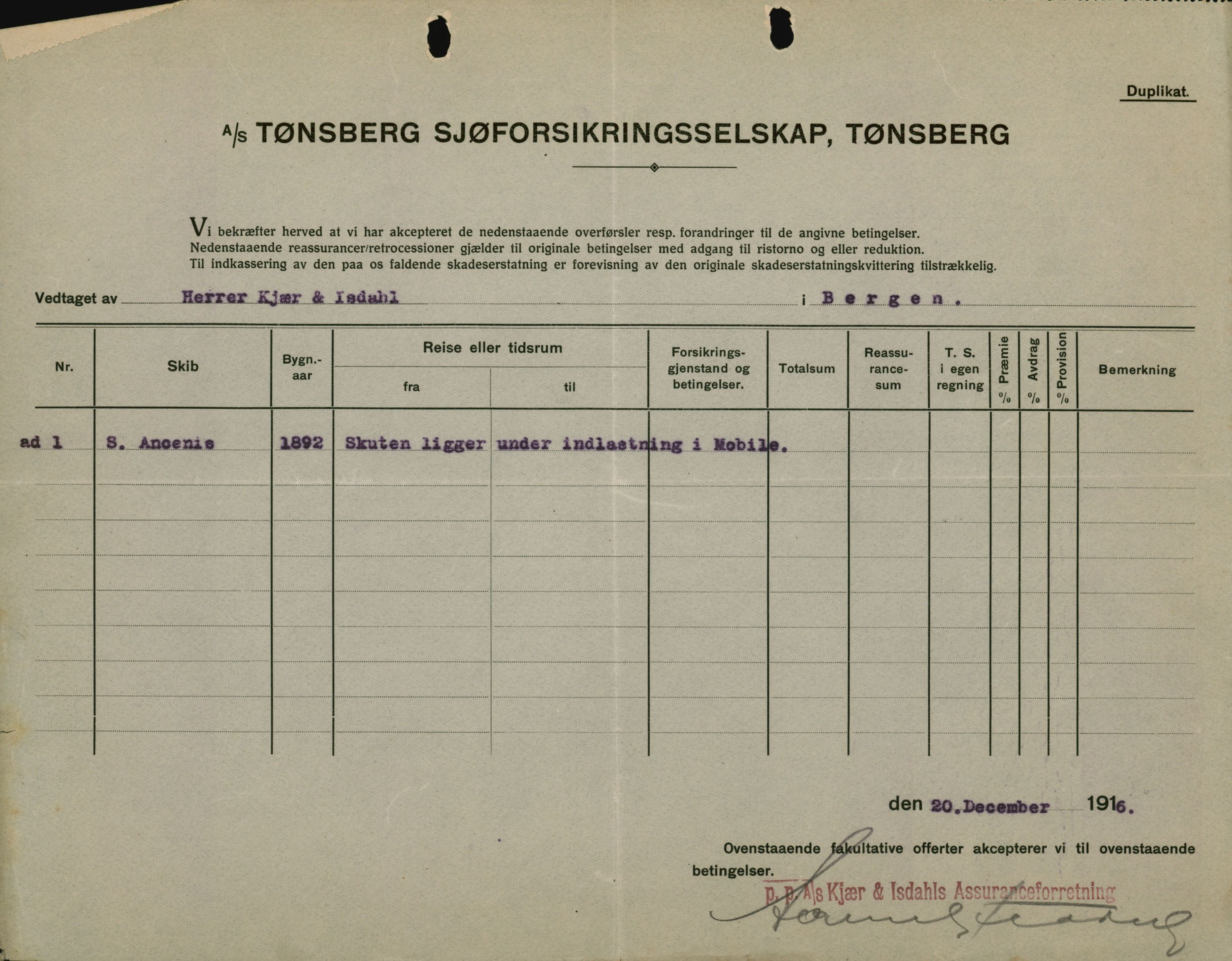 Pa 664 - Tønsberg Sjøforsikringsselskap, VEMU/A-1773/F/L0001: Forsikringspoliser, 1915-1918