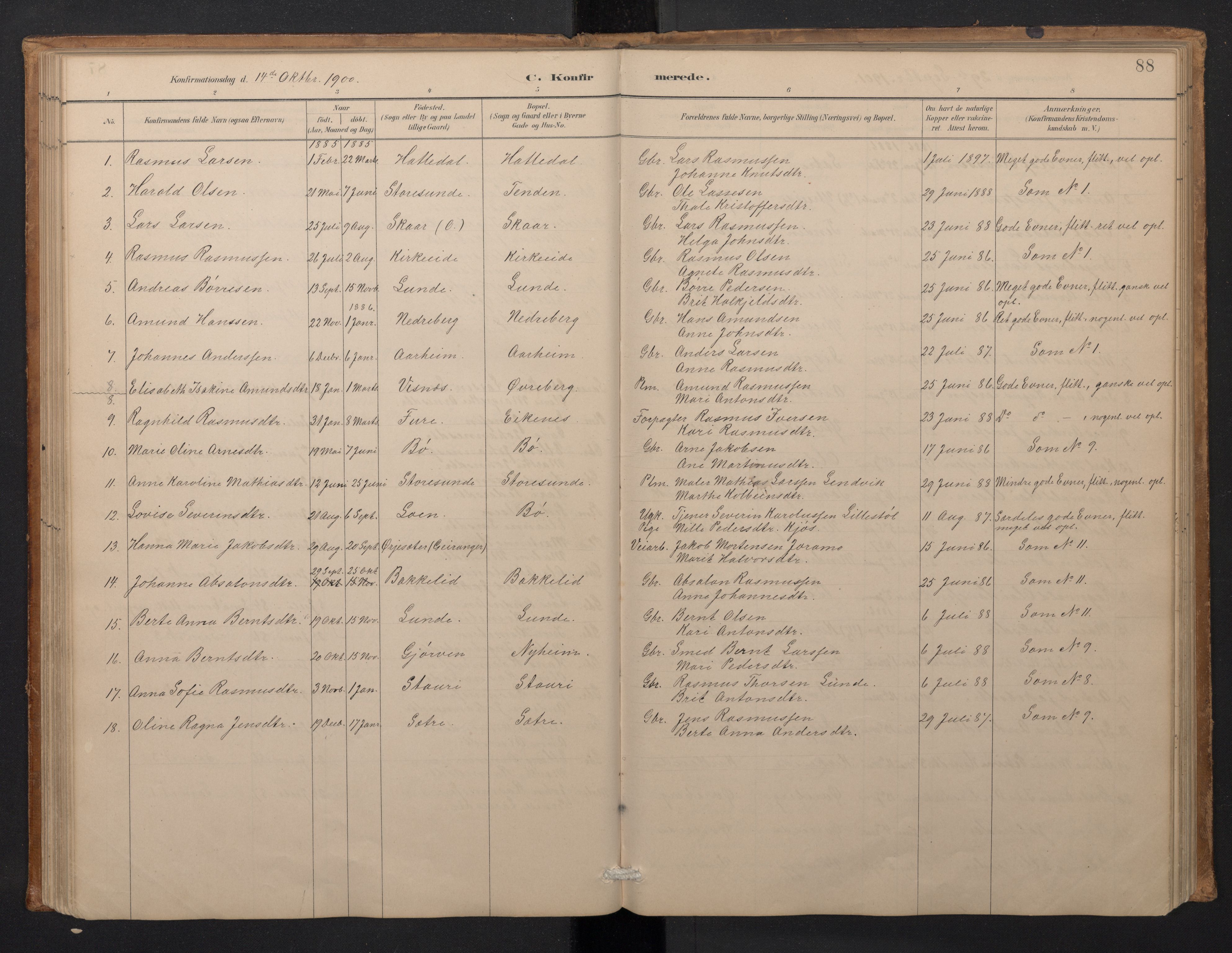 Stryn Sokneprestembete, AV/SAB-A-82501: Klokkerbok nr. A 2, 1883-1905, s. 87b-88a