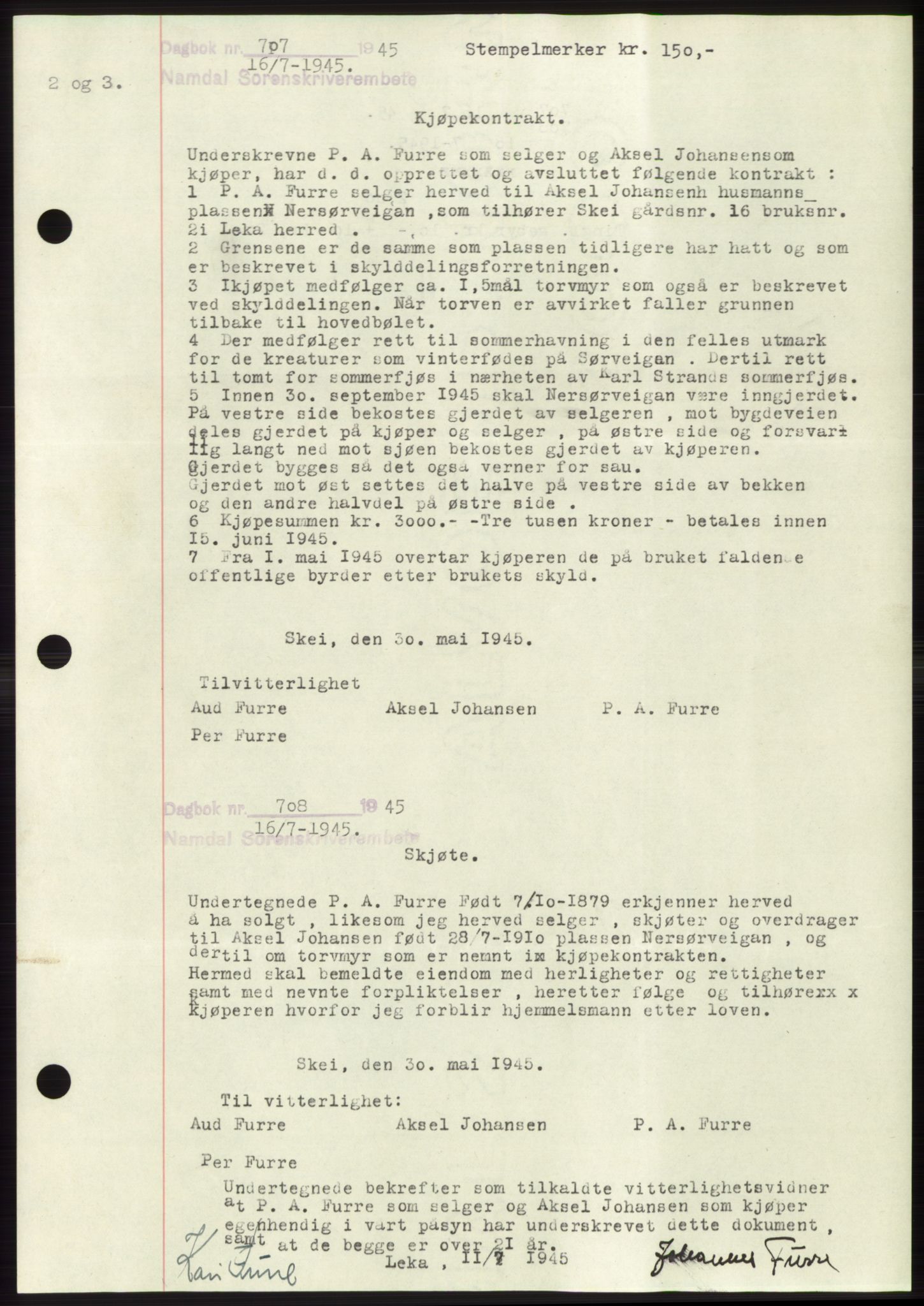 Namdal sorenskriveri, SAT/A-4133/1/2/2C: Pantebok nr. -, 1944-1945, Dagboknr: 707/1945