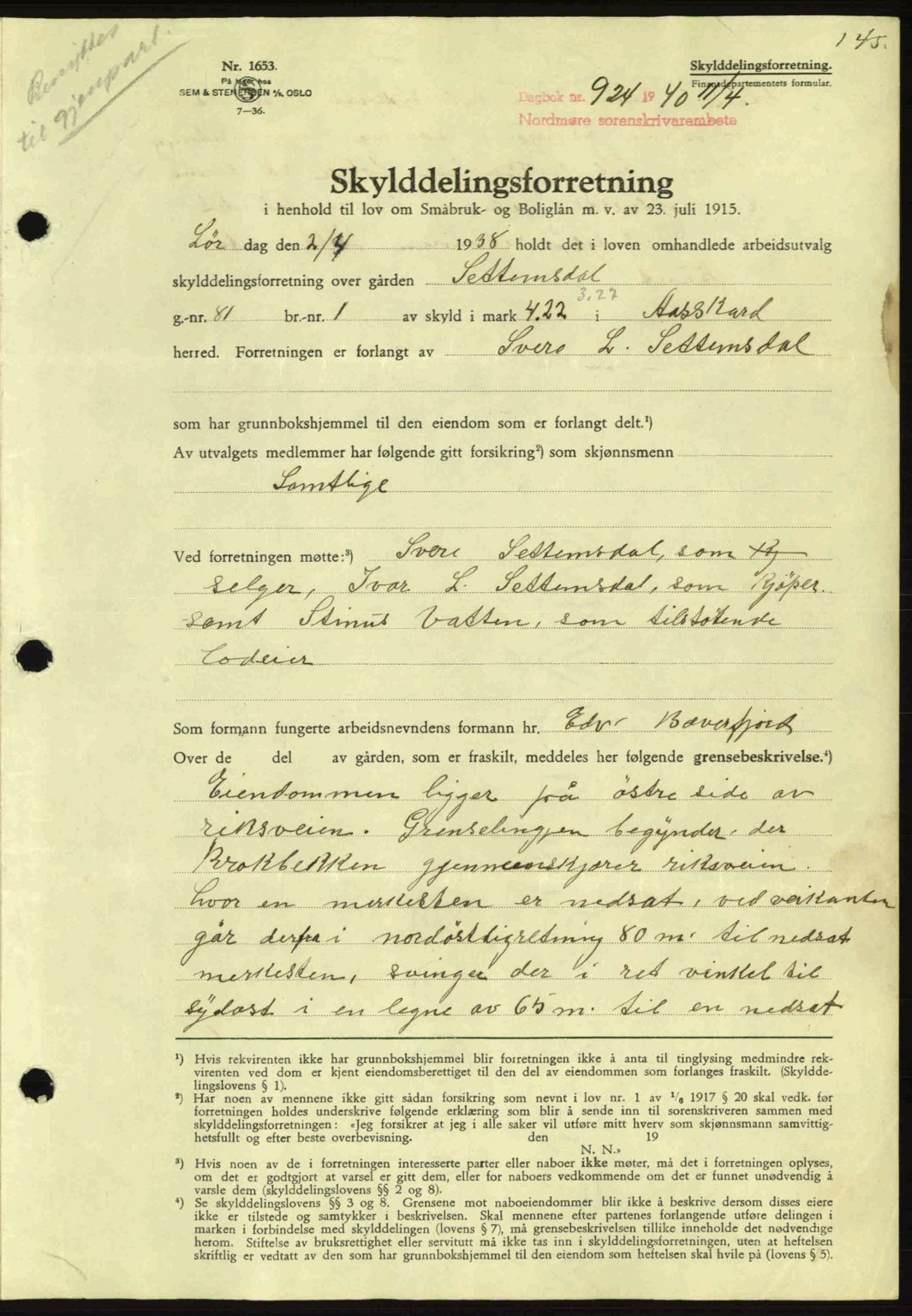 Nordmøre sorenskriveri, AV/SAT-A-4132/1/2/2Ca: Pantebok nr. A88, 1940-1940, Dagboknr: 924/1940