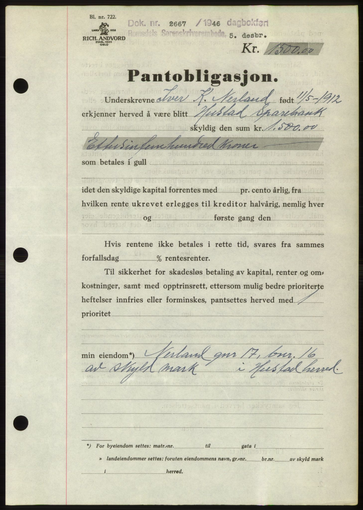 Romsdal sorenskriveri, SAT/A-4149/1/2/2C: Pantebok nr. B3, 1946-1948, Dagboknr: 2667/1946