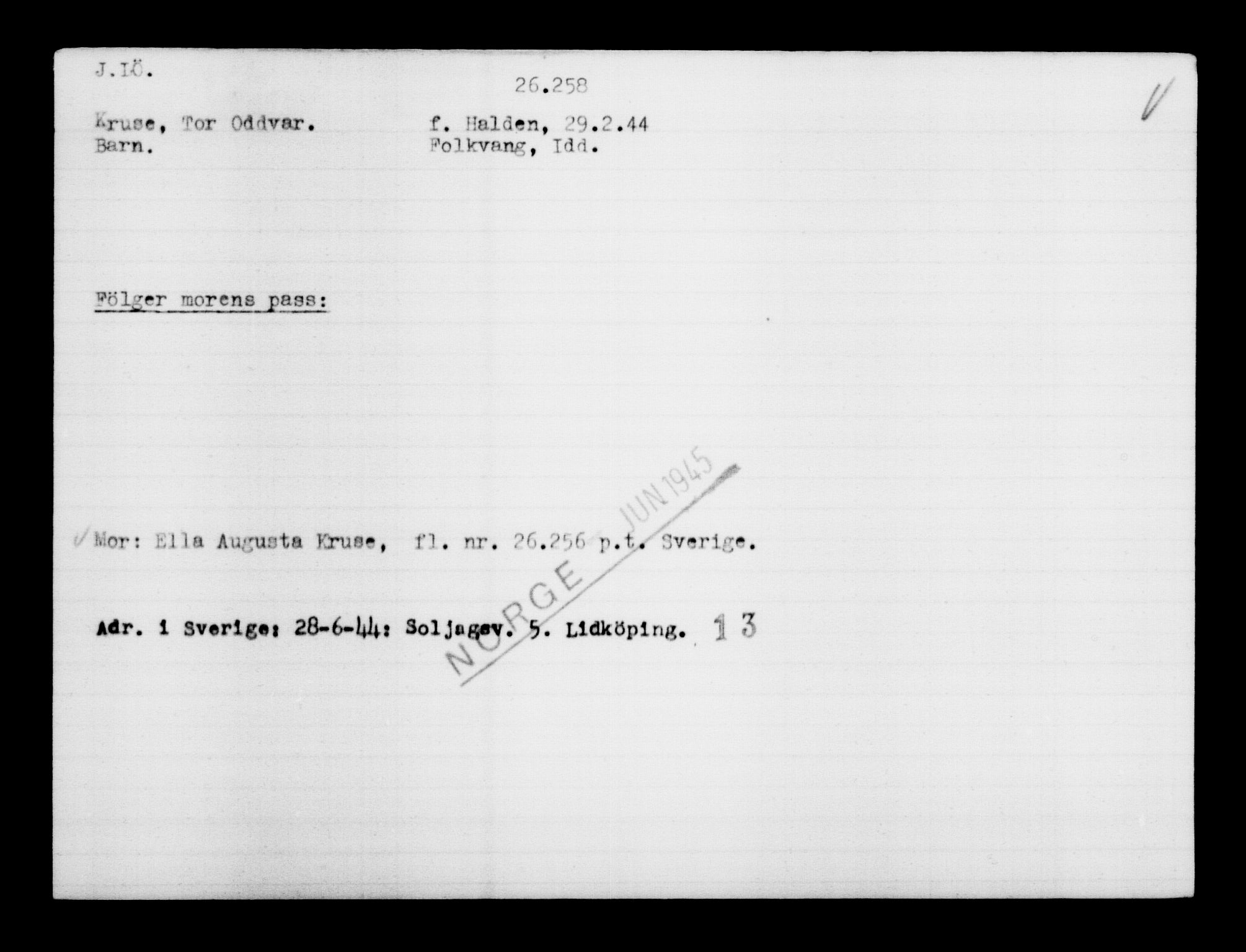 Utenriksstasjonene, Legasjonen i Stockholm, Flyktningkontoret, AV/RA-S-6753/V/Va/L0011: Kjesäterkartoteket, flyktninger med registreringsnr. 25300-28349, 1940-1945, s. 1010