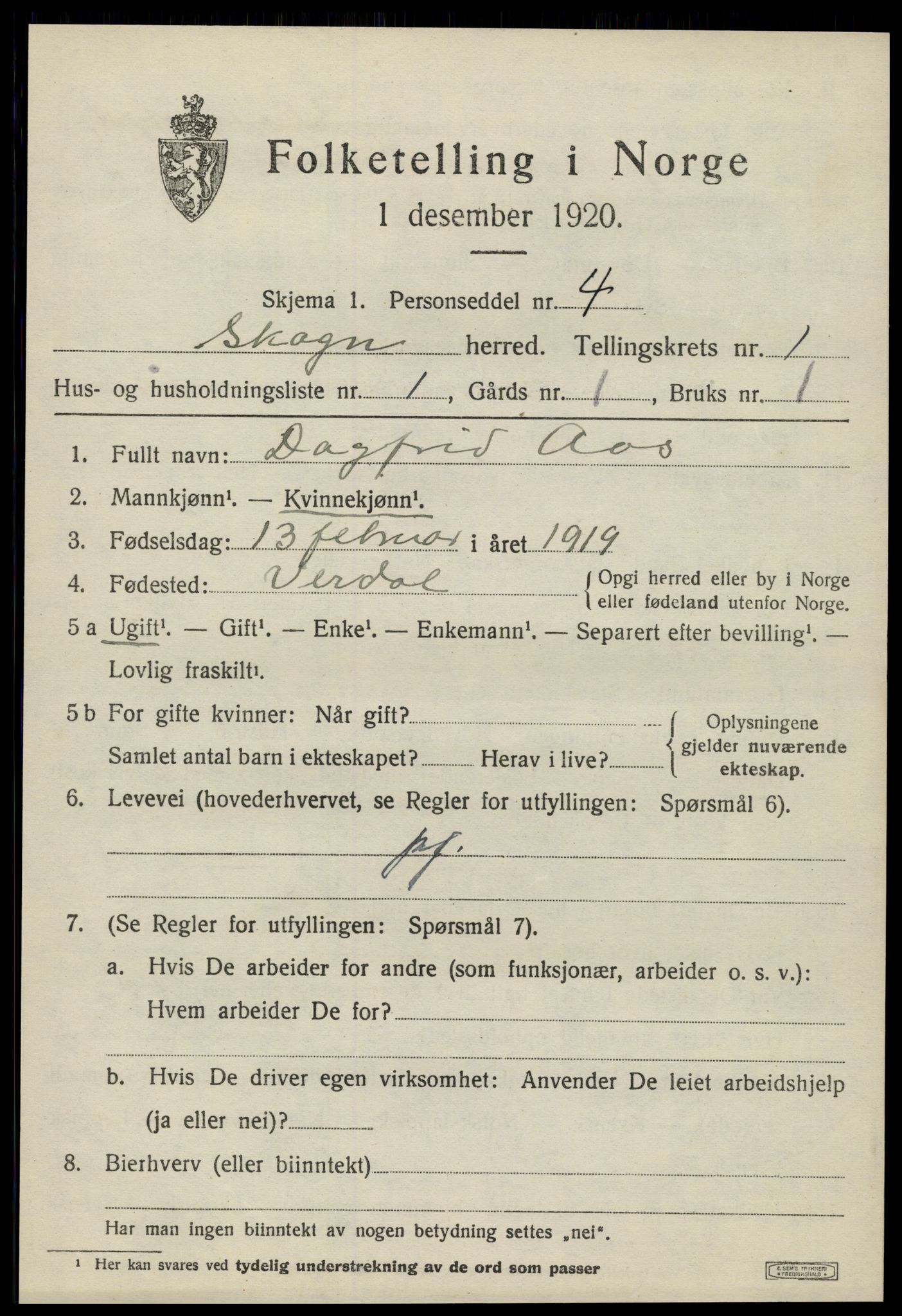 SAT, Folketelling 1920 for 1719 Skogn herred, 1920, s. 1289