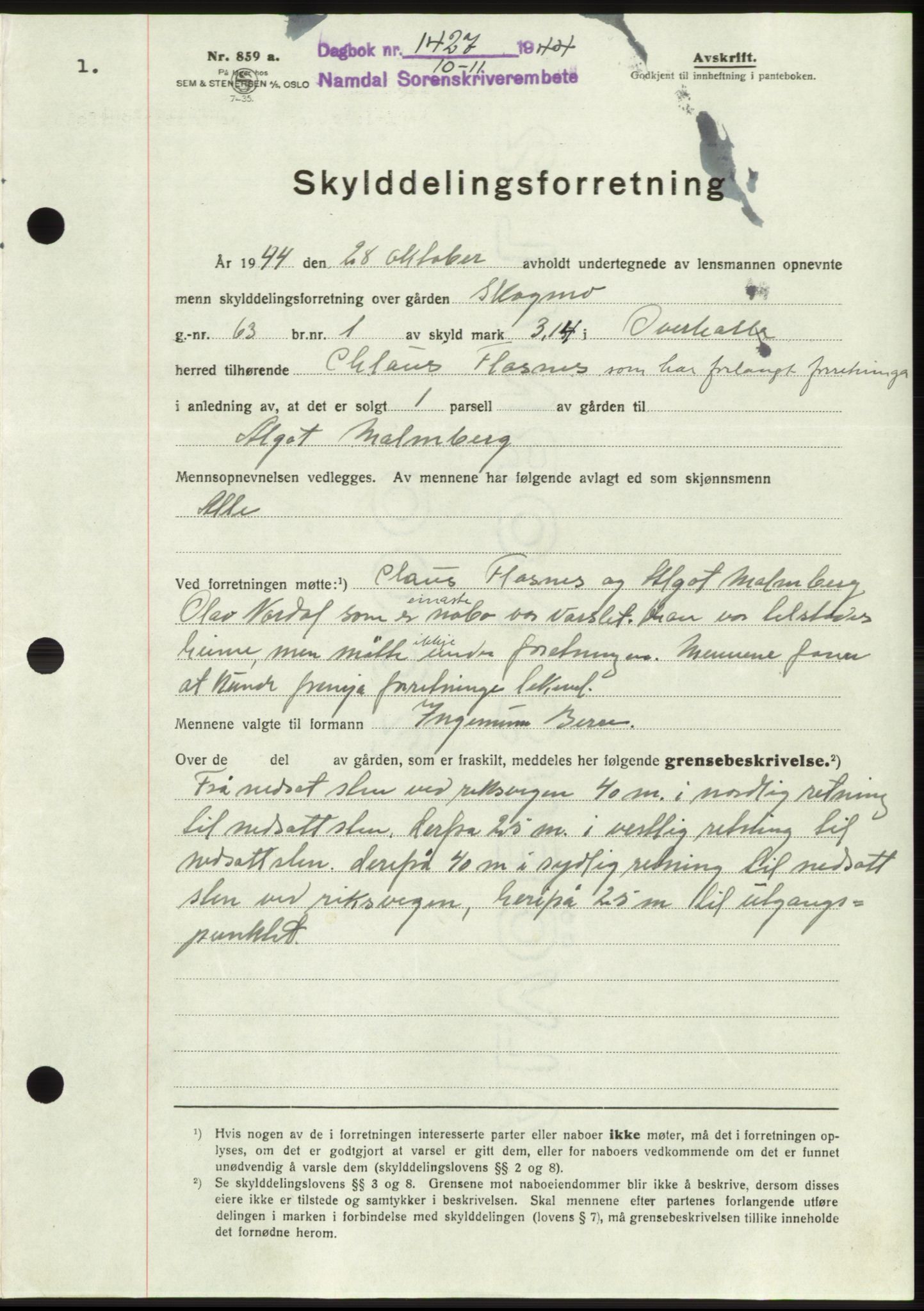 Namdal sorenskriveri, SAT/A-4133/1/2/2C: Pantebok nr. -, 1944-1945, Dagboknr: 1427/1944