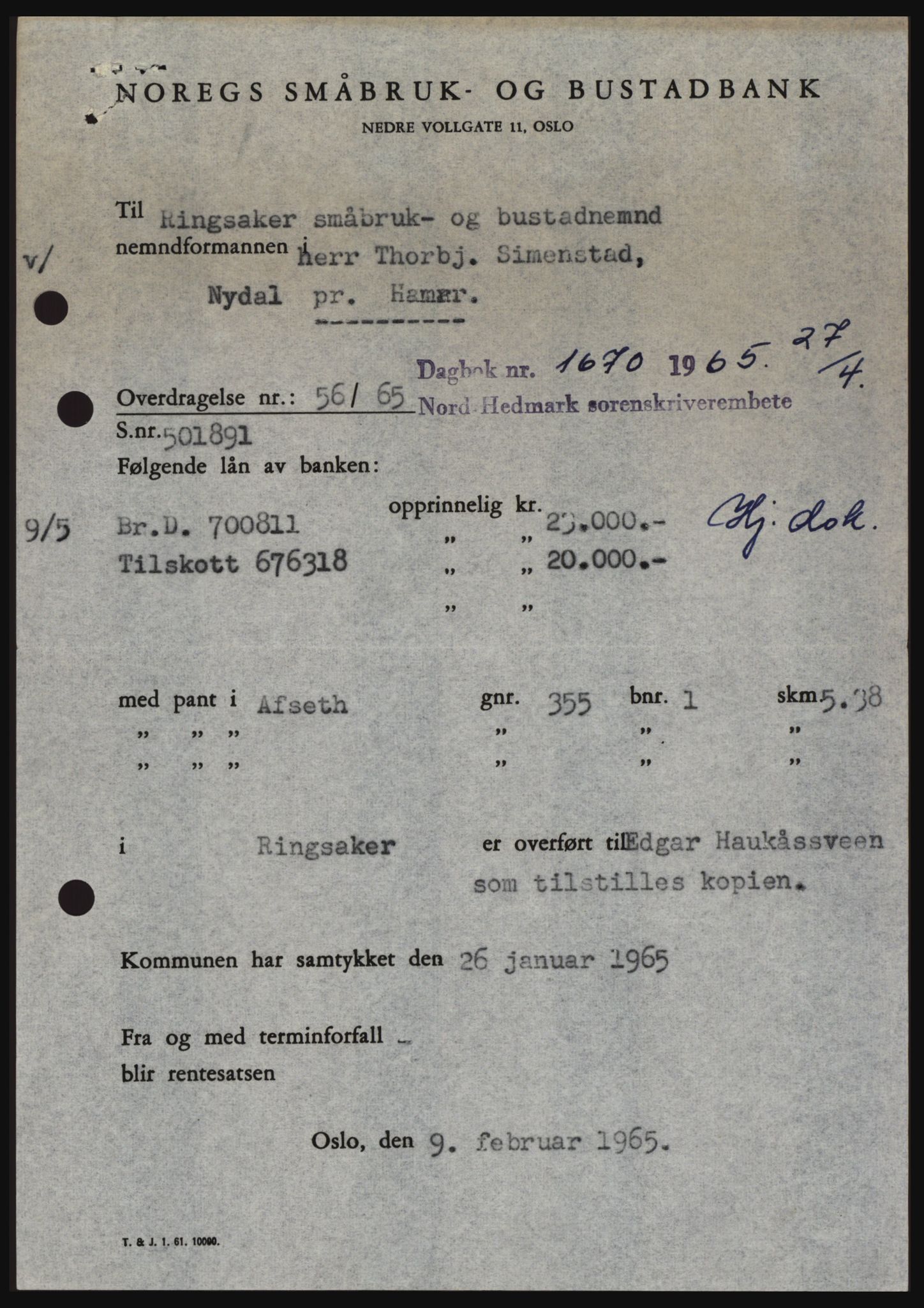 Nord-Hedmark sorenskriveri, SAH/TING-012/H/Hc/L0021: Pantebok nr. 21, 1964-1965, Dagboknr: 1670/1965