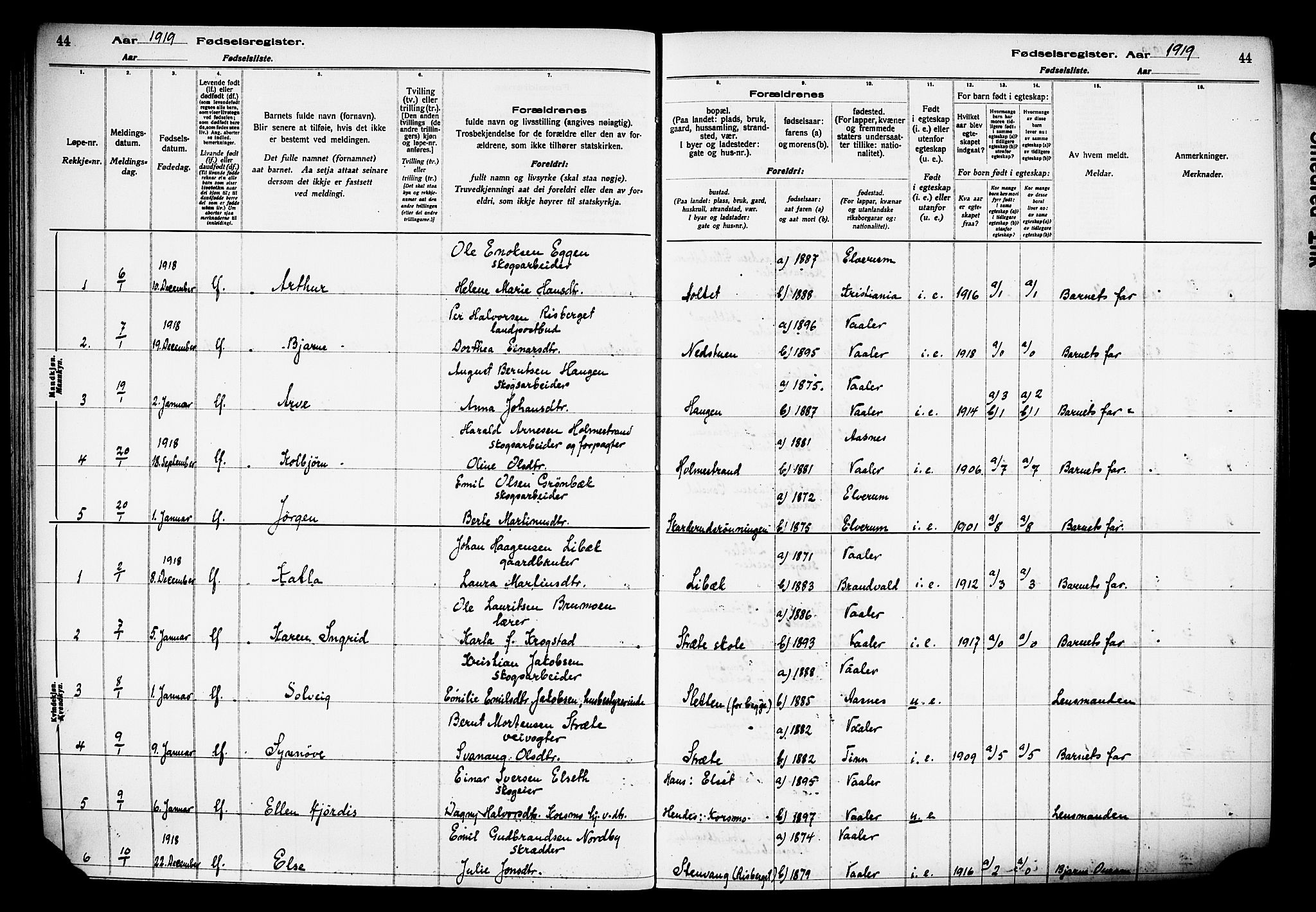 Våler prestekontor, Hedmark, AV/SAH-PREST-040/I/Id/L0001: Fødselsregister nr. 1, 1916-1930, s. 44