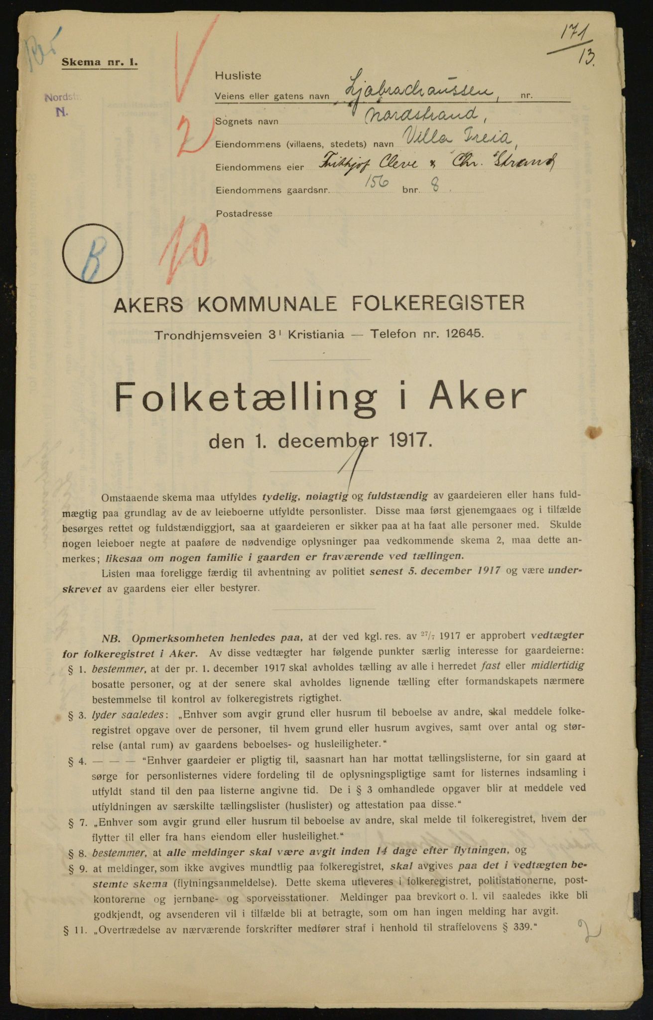 OBA, Kommunal folketelling 1.12.1917 for Aker, 1917, s. 20143