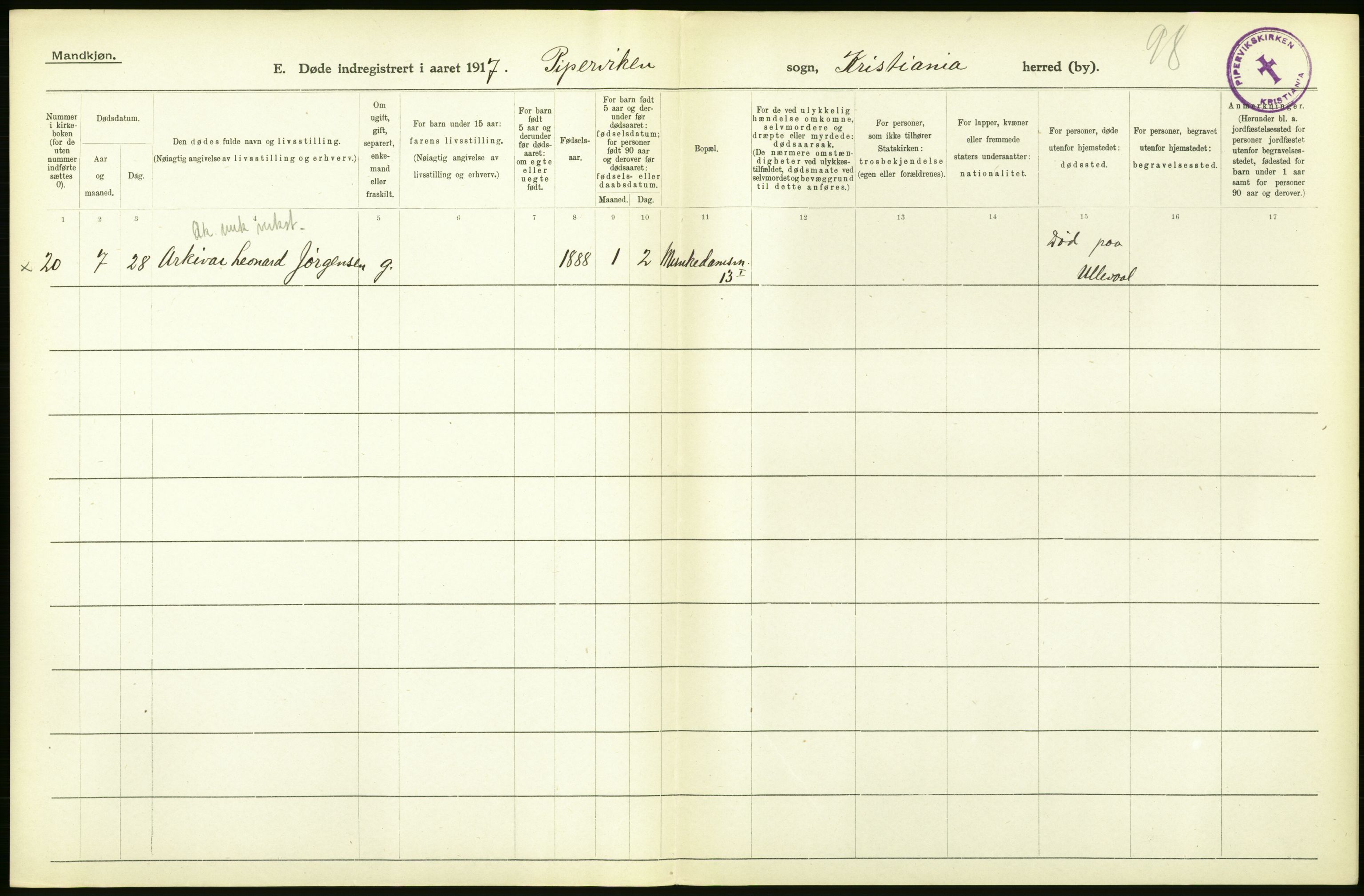 Statistisk sentralbyrå, Sosiodemografiske emner, Befolkning, AV/RA-S-2228/D/Df/Dfb/Dfbg/L0011: Kristiania: Døde, dødfødte., 1917, s. 10