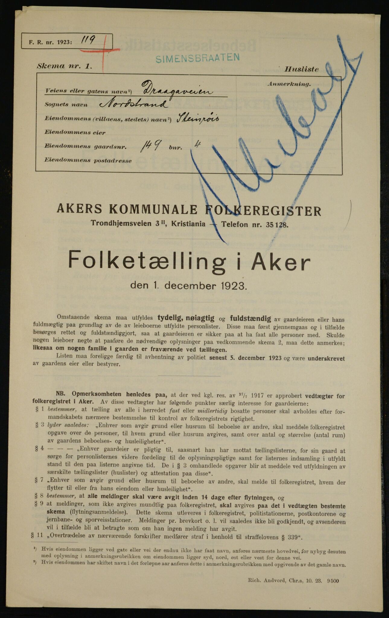 , Kommunal folketelling 1.12.1923 for Aker, 1923, s. 37312