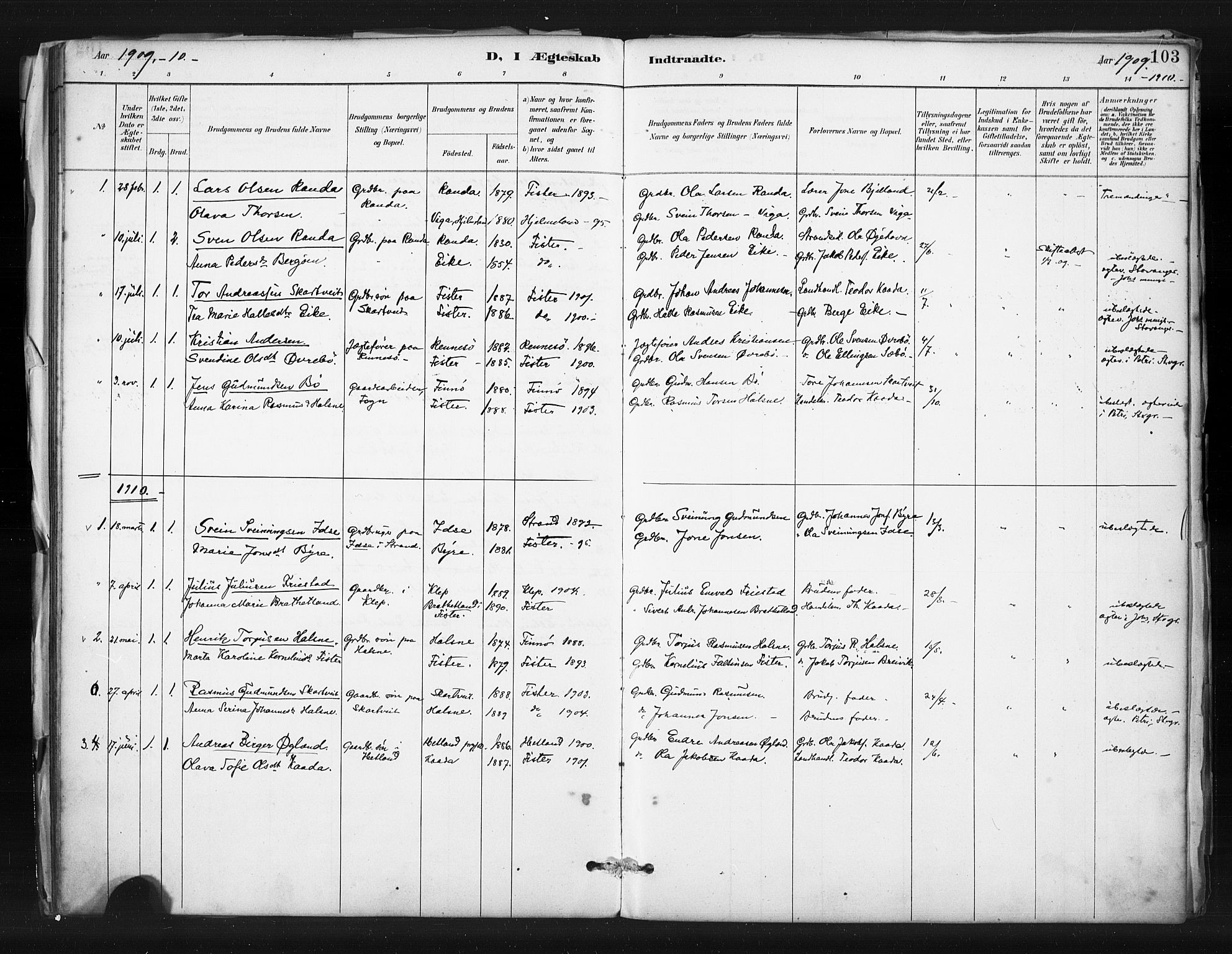 Hjelmeland sokneprestkontor, AV/SAST-A-101843/01/IV/L0015: Ministerialbok nr. A 15, 1887-1910, s. 103