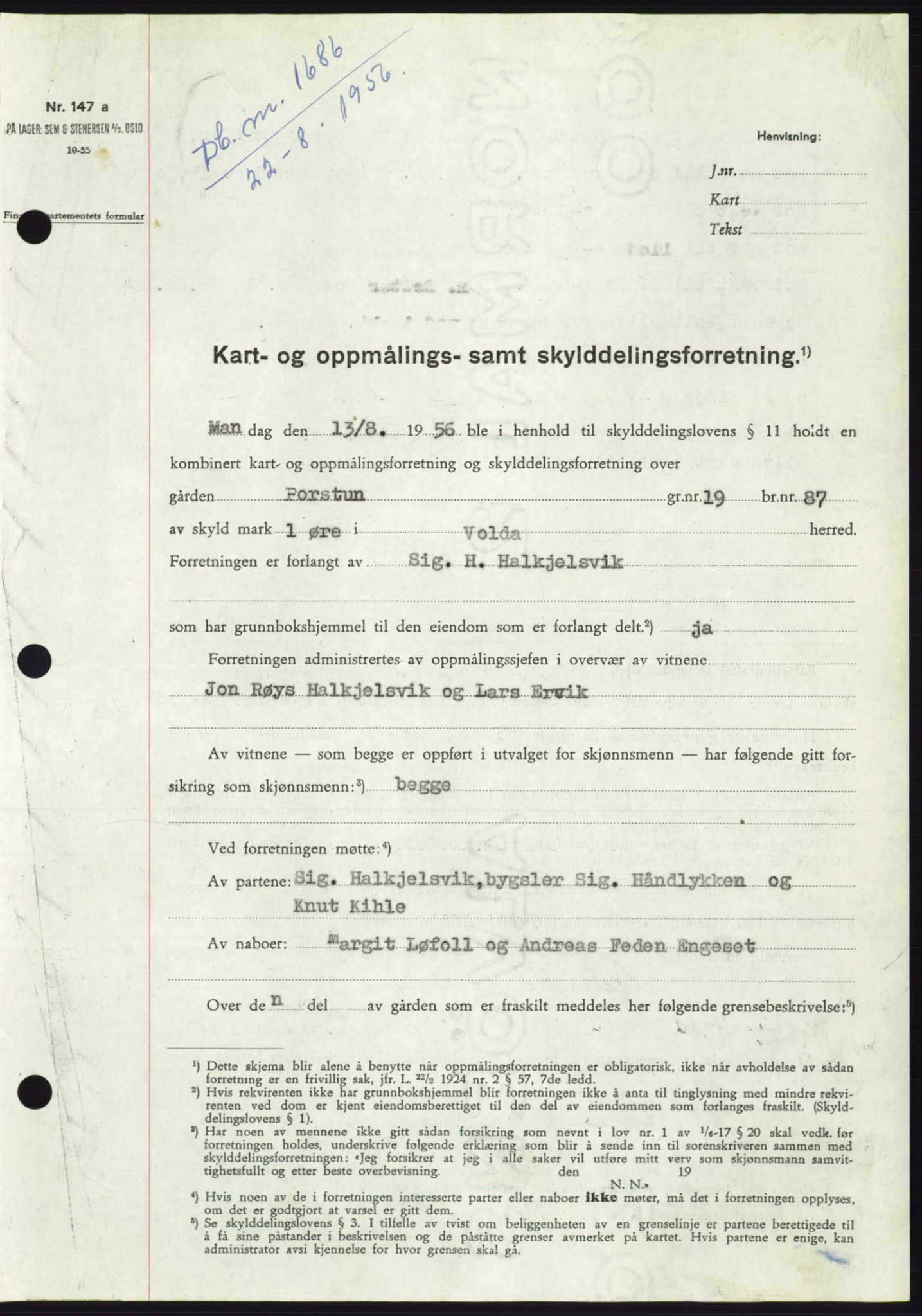 Søre Sunnmøre sorenskriveri, AV/SAT-A-4122/1/2/2C/L0104: Pantebok nr. 30A, 1956-1956, Dagboknr: 1686/1956