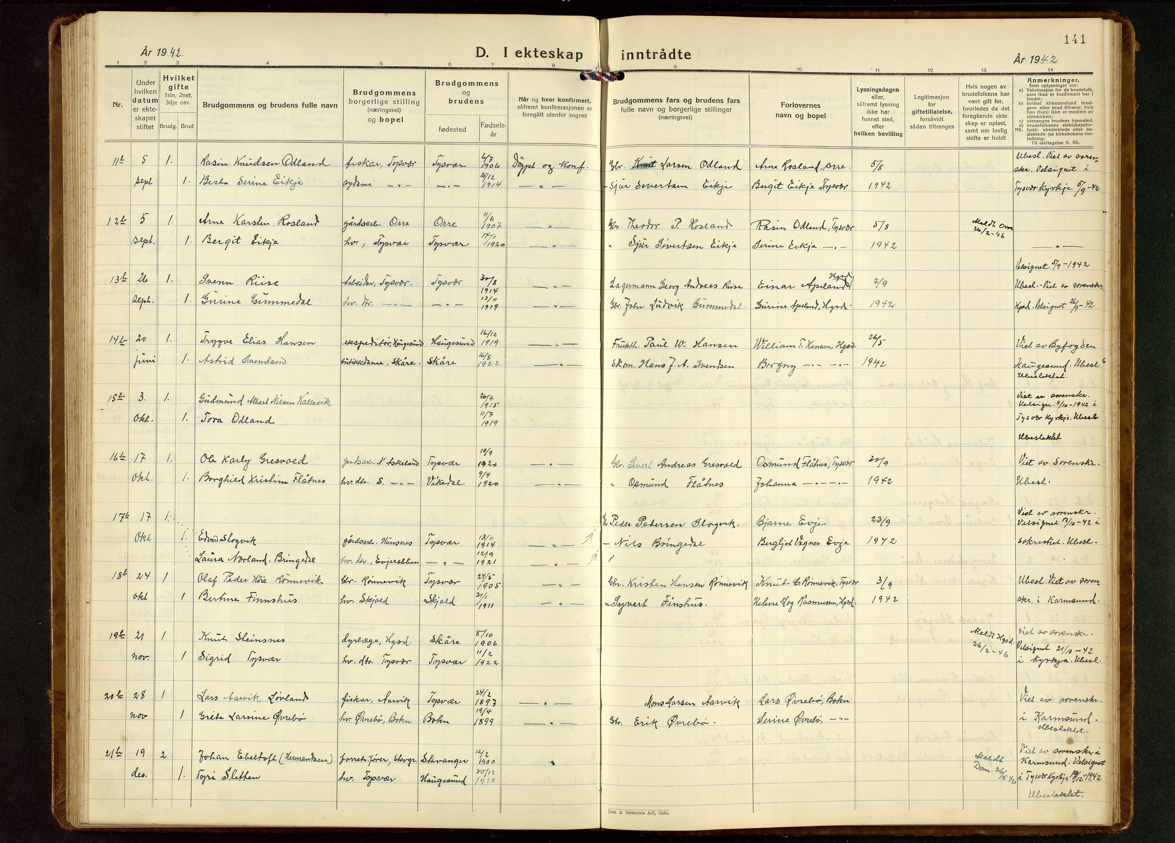 Tysvær sokneprestkontor, AV/SAST-A -101864/H/Ha/Hab/L0006: Klokkerbok nr. B 6, 1932-1946, s. 141