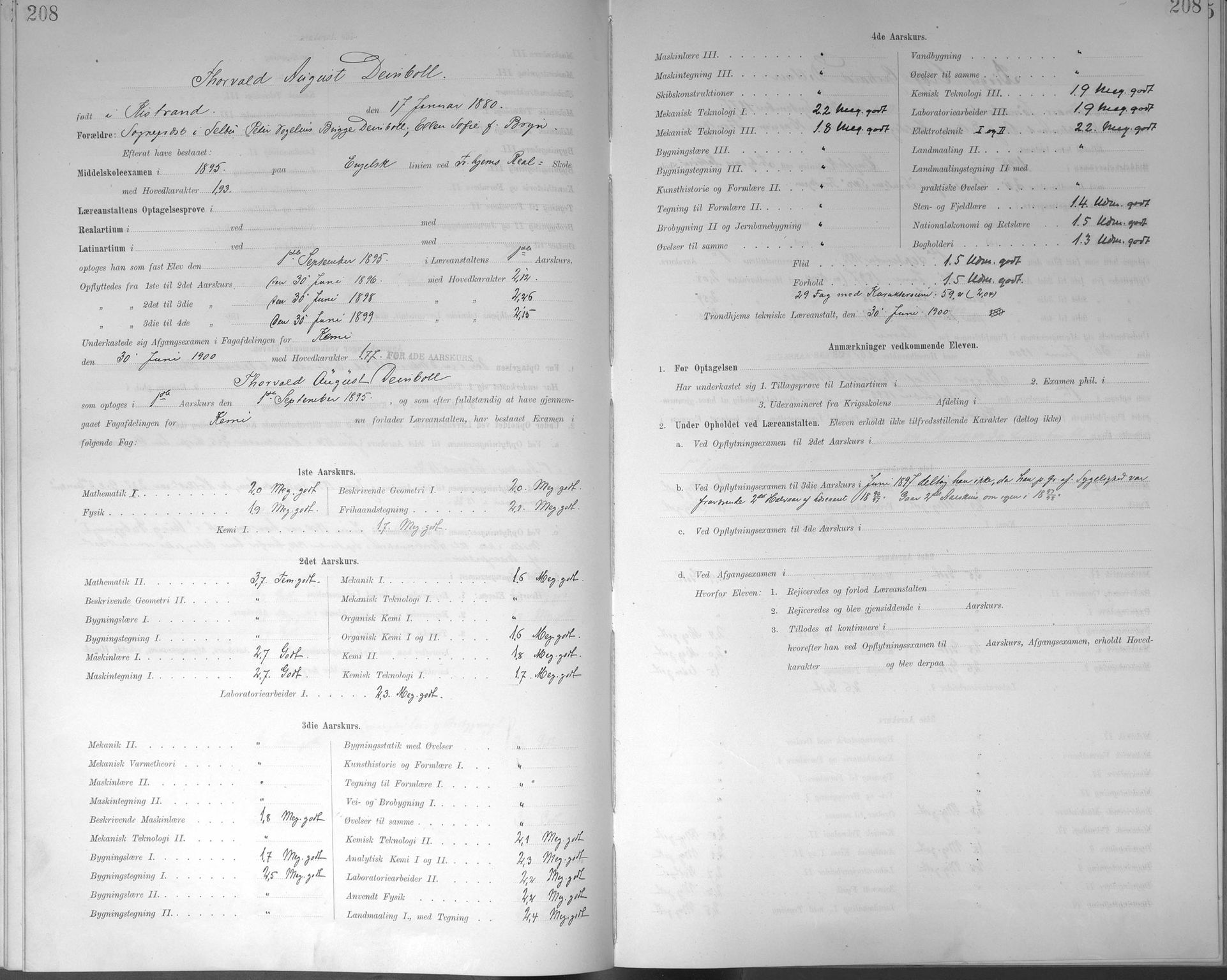 Trondhjems tekniske læreanstalt, SAT/A-1622/G/Ga/L0047: Karakterprotokoll, faste elever, 1890-1899