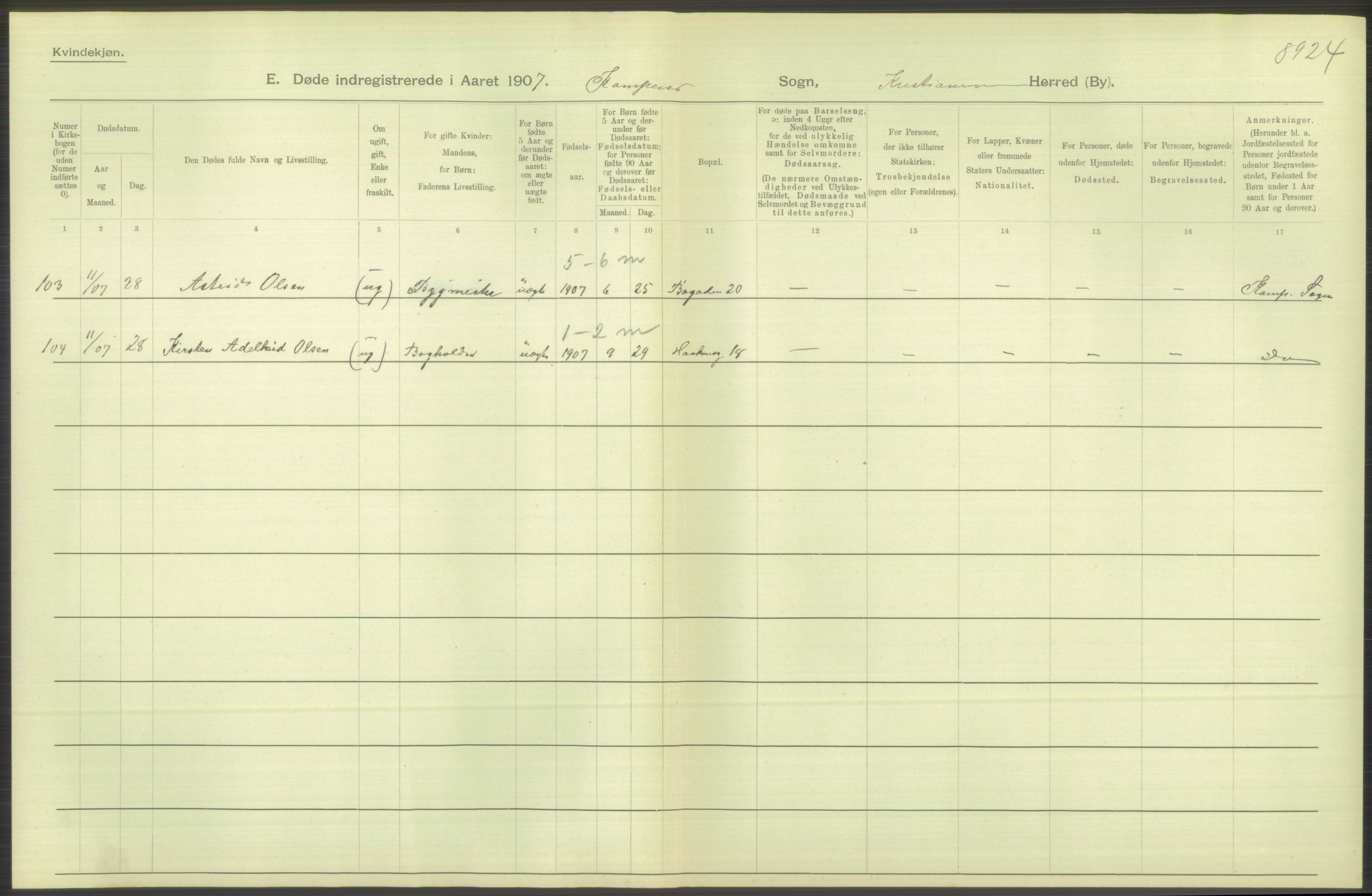 Statistisk sentralbyrå, Sosiodemografiske emner, Befolkning, AV/RA-S-2228/D/Df/Dfa/Dfae/L0009: Kristiania: Døde, 1907, s. 466