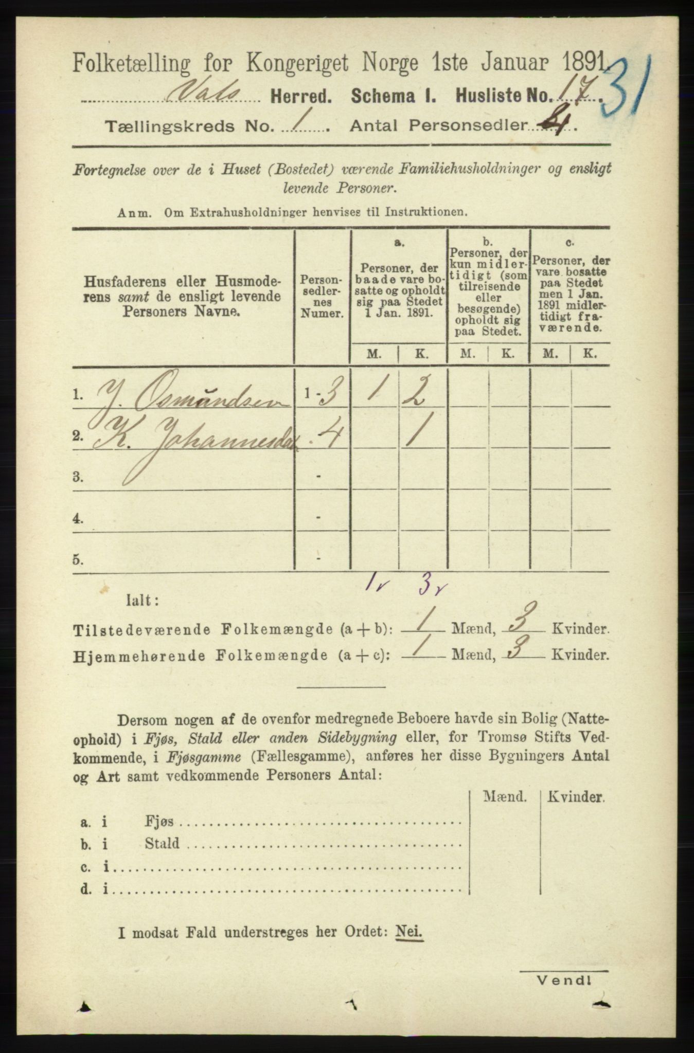 RA, Folketelling 1891 for 1155 Vats herred, 1891, s. 39