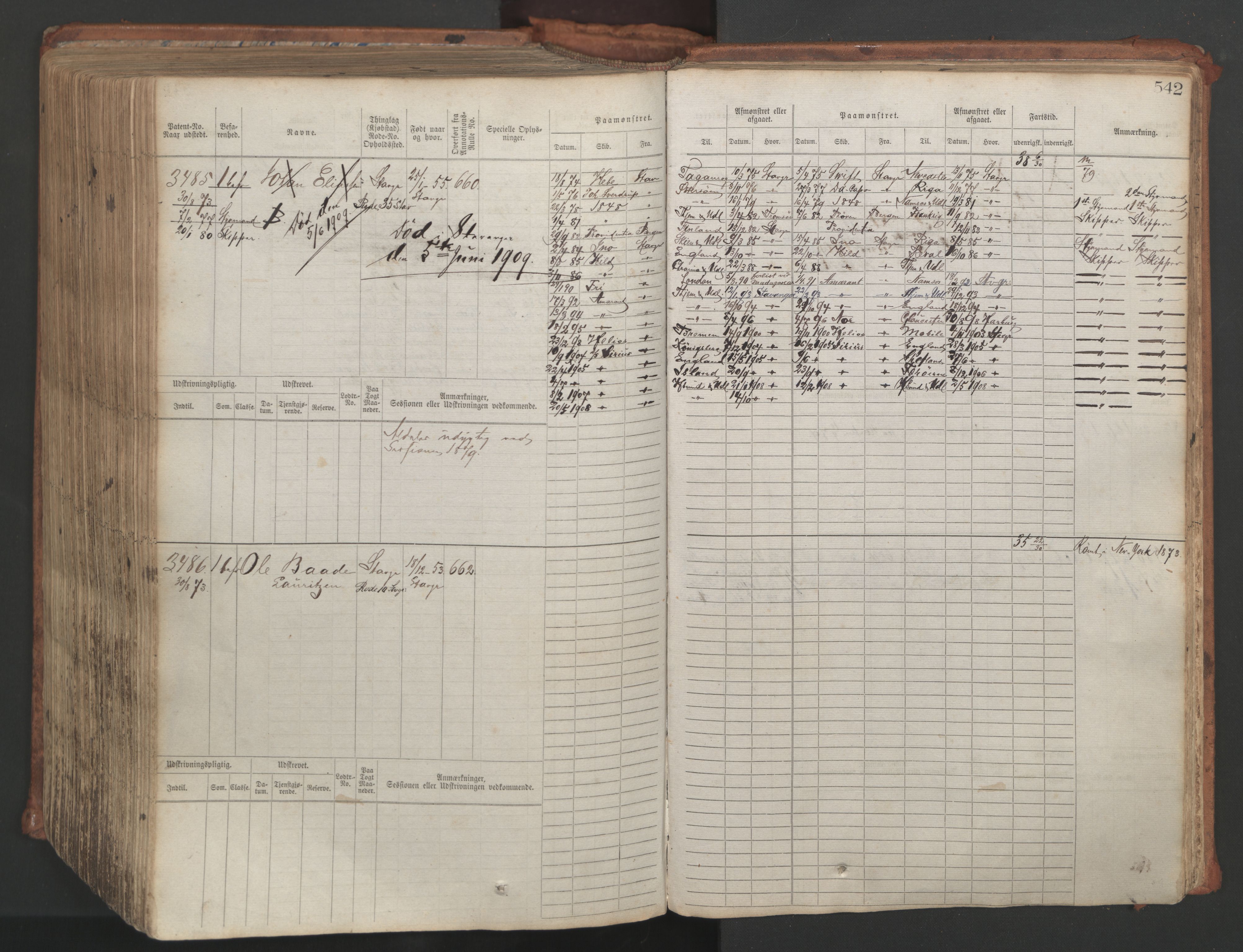 Stavanger sjømannskontor, AV/SAST-A-102006/F/Fb/Fbb/L0007: Sjøfartshovedrulle, patentnr. 2403-3604, 1869-1880, s. 599