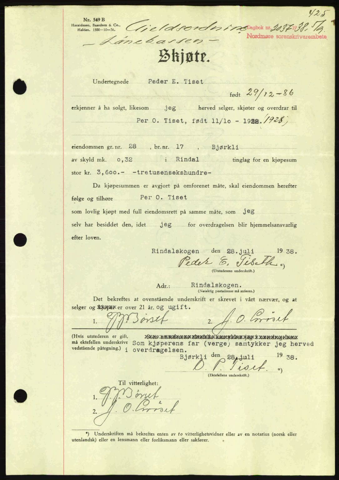 Nordmøre sorenskriveri, AV/SAT-A-4132/1/2/2Ca: Pantebok nr. A84, 1938-1938, Dagboknr: 2037/1938