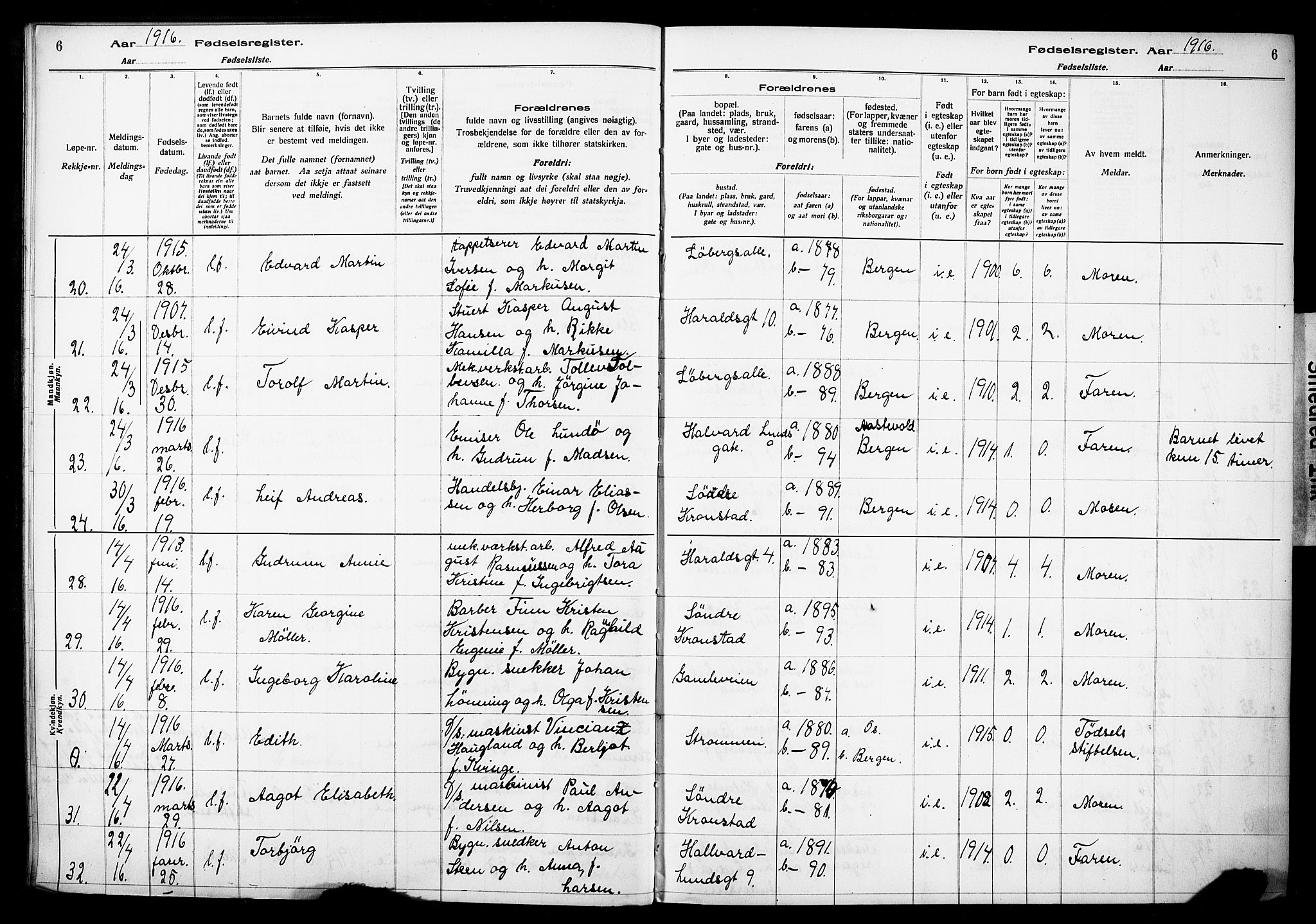 Årstad Sokneprestembete, AV/SAB-A-79301/I/Id/L0A01: Fødselsregister nr. A 1, 1916-1920, s. 6