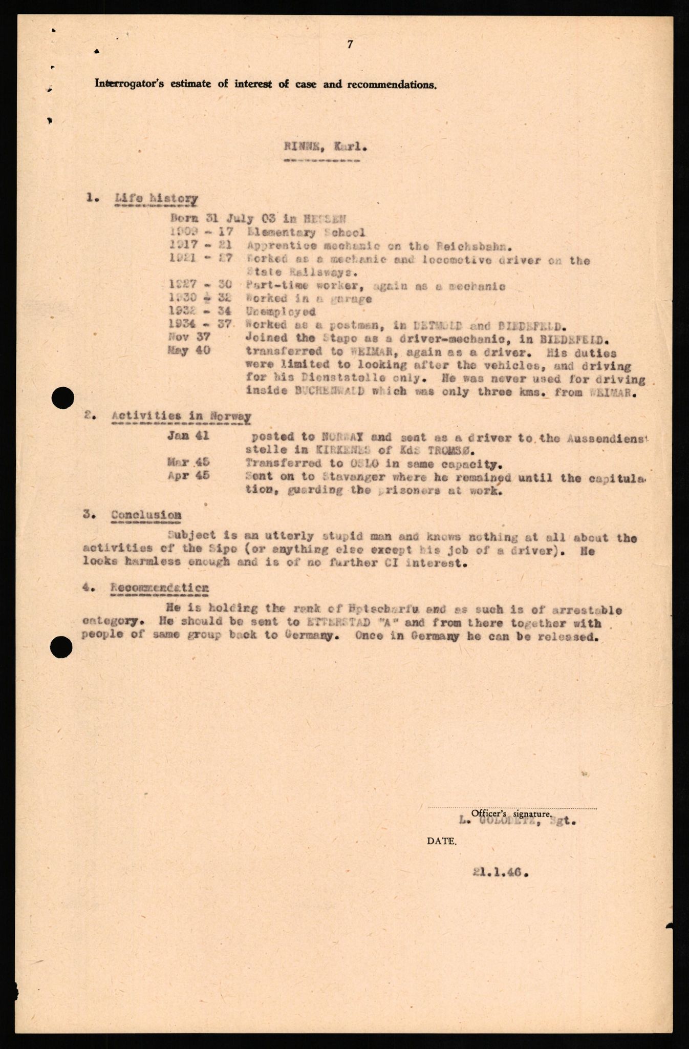 Forsvaret, Forsvarets overkommando II, RA/RAFA-3915/D/Db/L0027: CI Questionaires. Tyske okkupasjonsstyrker i Norge. Tyskere., 1945-1946, s. 438