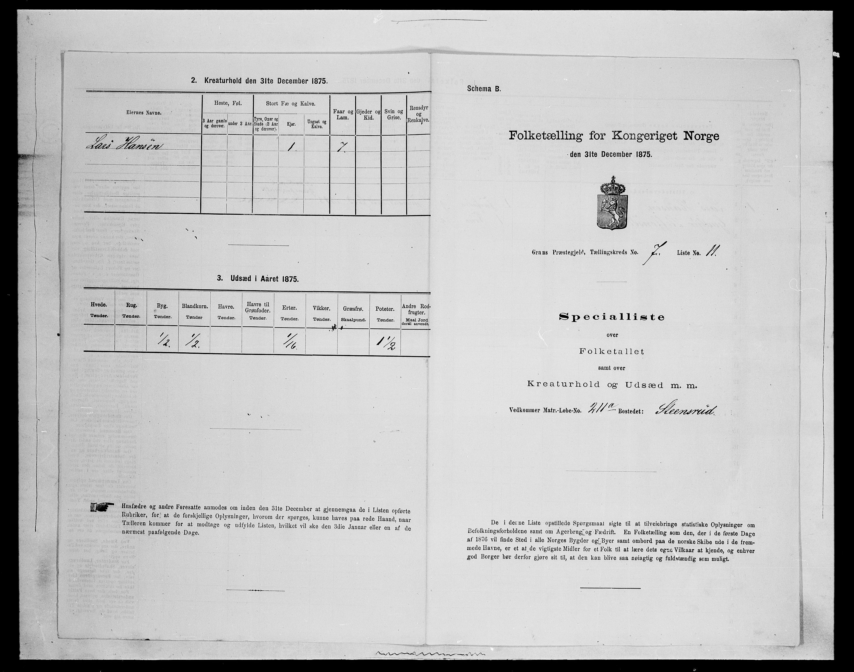 SAH, Folketelling 1875 for 0534P Gran prestegjeld, 1875, s. 1188