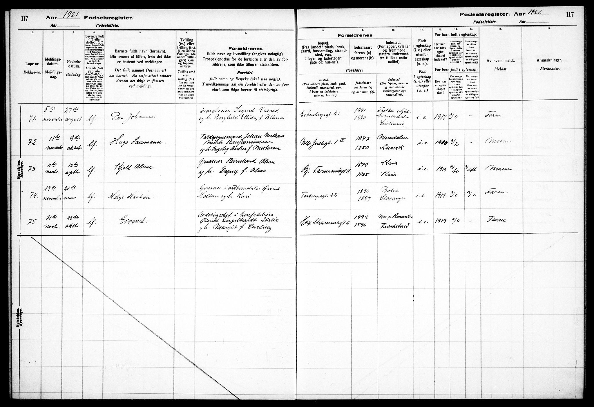 Frogner prestekontor Kirkebøker, AV/SAO-A-10886/J/Ja/L0001: Fødselsregister nr. 1, 1916-1927, s. 117