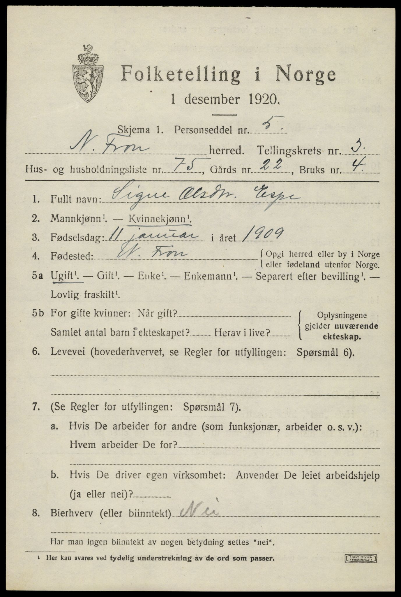 SAH, Folketelling 1920 for 0518 Nord-Fron herred, 1920, s. 4016