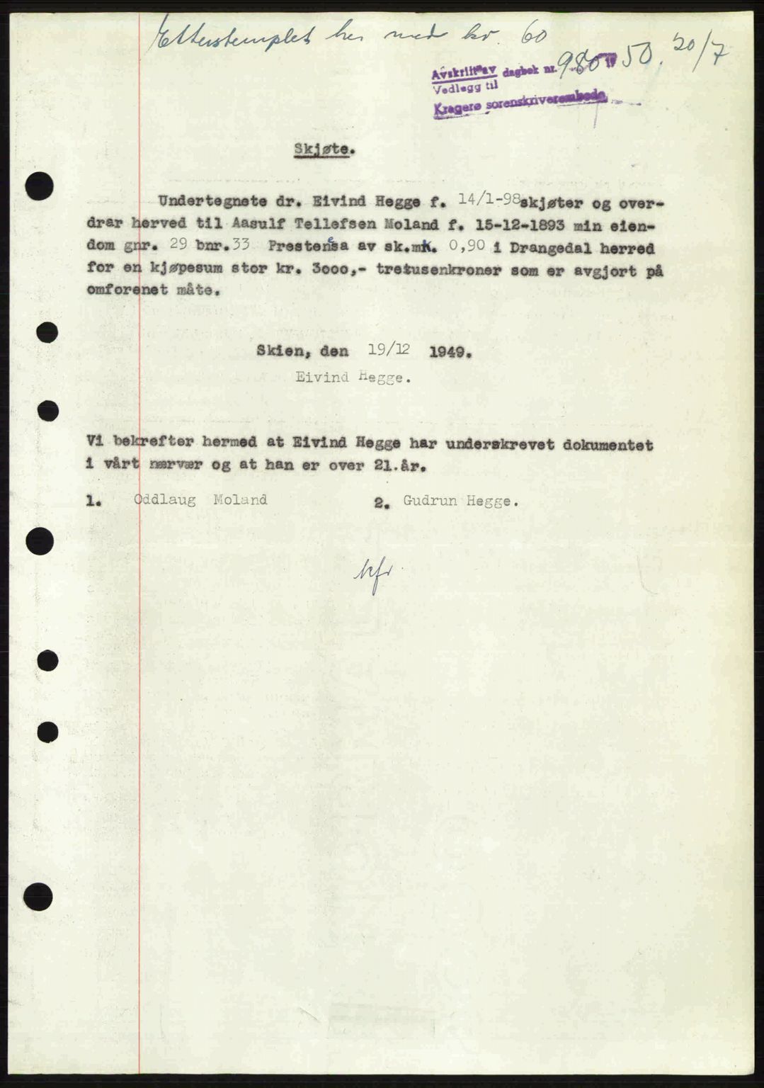 Kragerø sorenskriveri, SAKO/A-65/G/Ga/Gac/L0003: Pantebok nr. A-3, 1949-1950, Dagboknr: 980/1950
