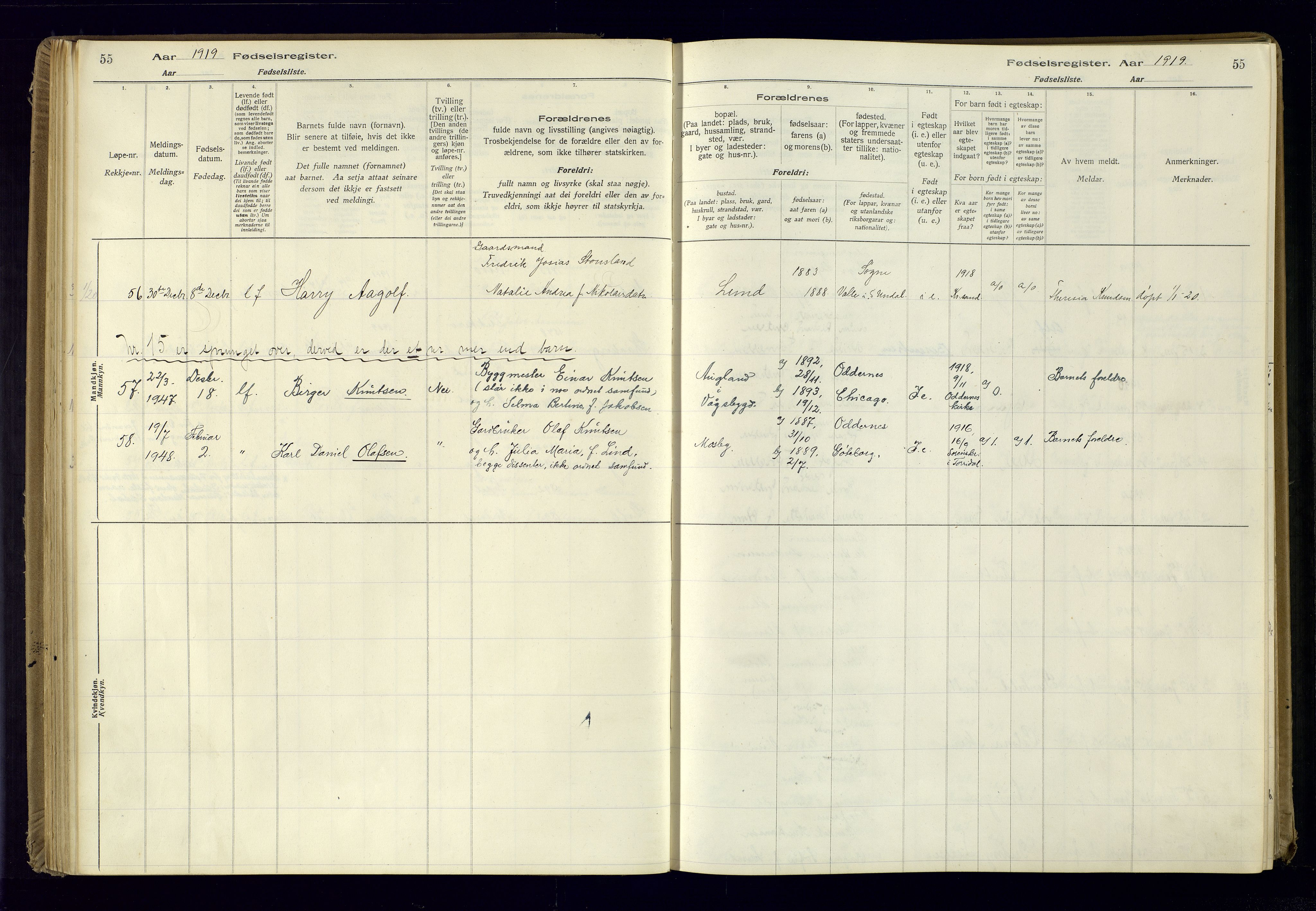 Oddernes sokneprestkontor, AV/SAK-1111-0033/J/Ja/L0001: Fødselsregister nr. 1, 1916-1935, s. 55