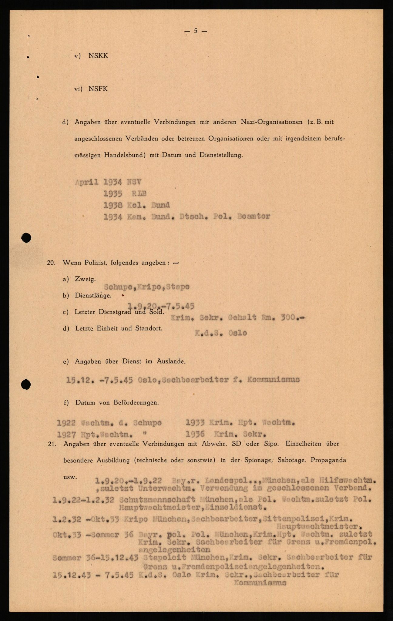 Forsvaret, Forsvarets overkommando II, RA/RAFA-3915/D/Db/L0029: CI Questionaires. Tyske okkupasjonsstyrker i Norge. Tyskere., 1945-1946, s. 63