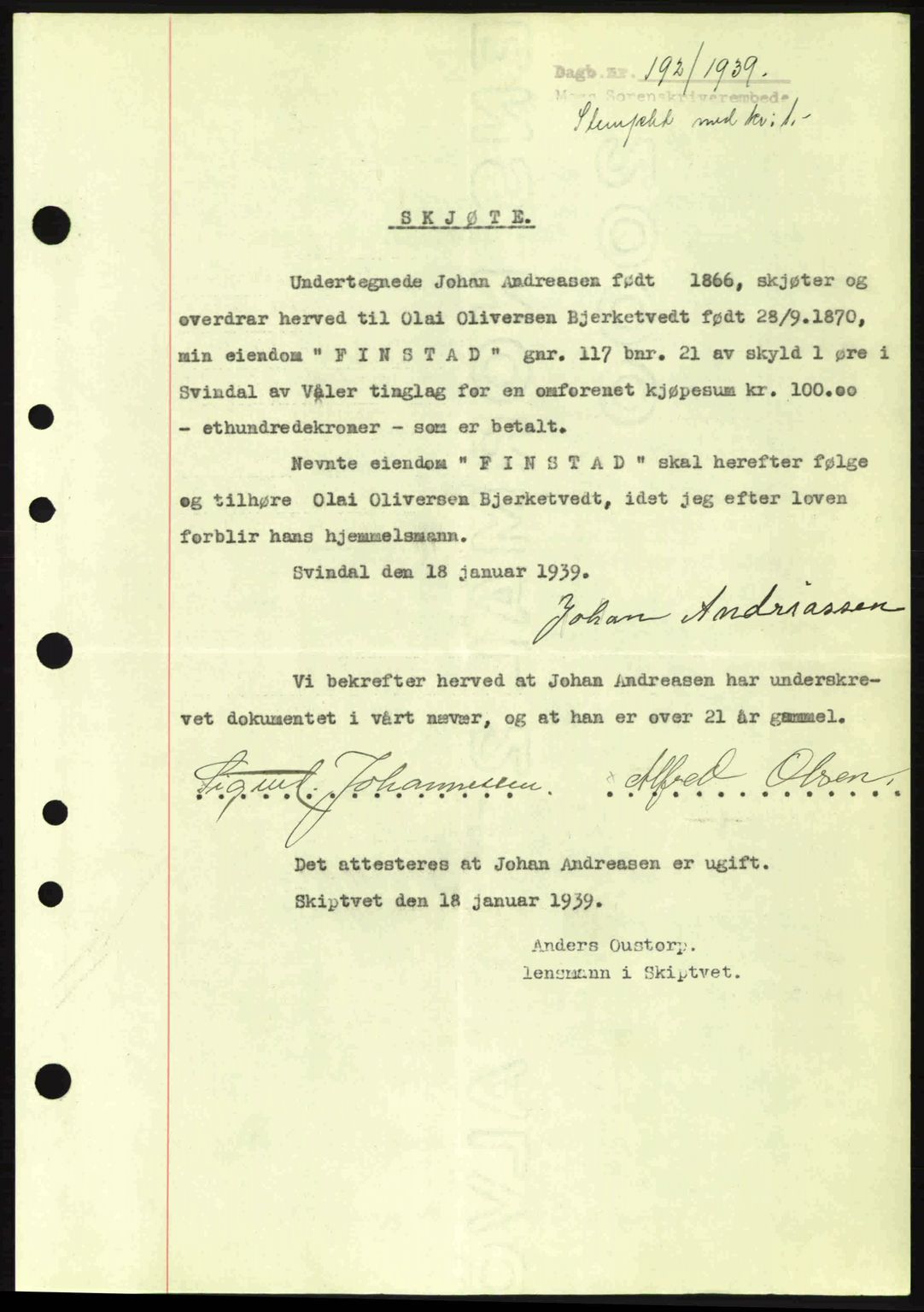 Moss sorenskriveri, SAO/A-10168: Pantebok nr. A5, 1938-1939, Dagboknr: 192/1939