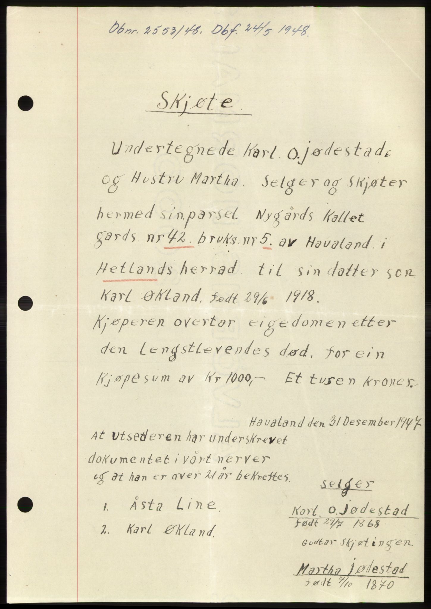 Jæren sorenskriveri, SAST/A-100310/03/G/Gba/L0099: Pantebok, 1948-1948, Dagboknr: 2553/1948