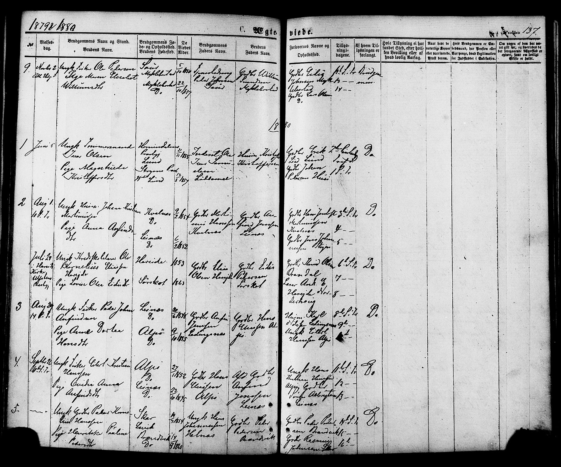 Ministerialprotokoller, klokkerbøker og fødselsregistre - Nordland, AV/SAT-A-1459/857/L0821: Ministerialbok nr. 857A01, 1875-1889, s. 137