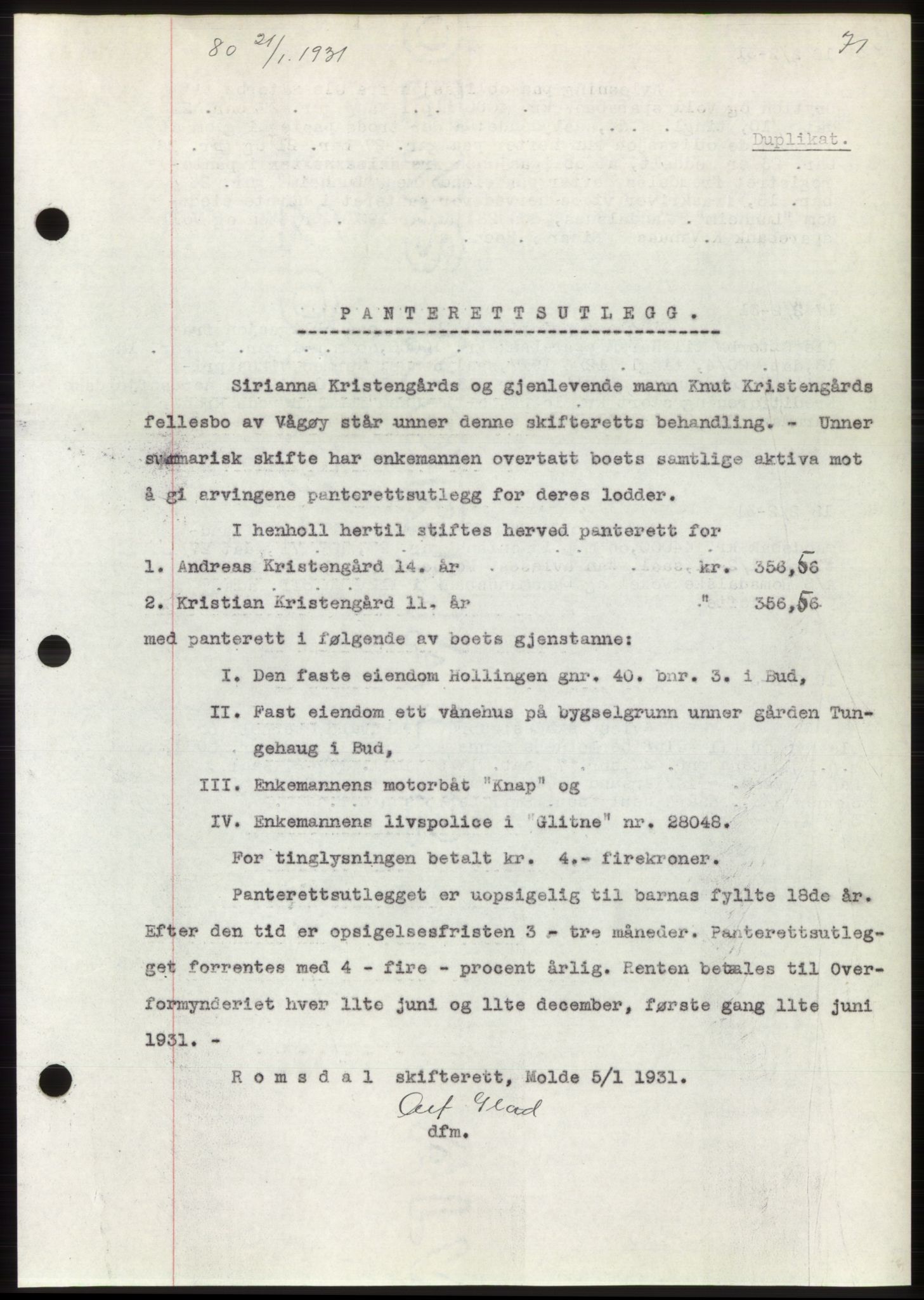 Romsdal sorenskriveri, AV/SAT-A-4149/1/2/2C/L0059: Pantebok nr. 53, 1931-1931, Tingl.dato: 21.01.1931