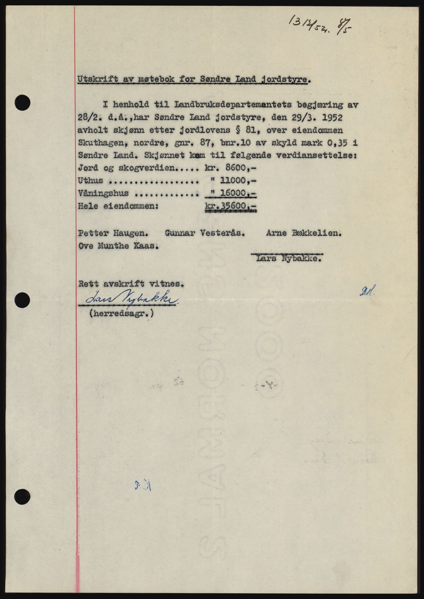 Hadeland og Land tingrett, SAH/TING-010/H/Hb/Hbc/L0023: Pantebok nr. B23, 1952-1952, Dagboknr: 1312/1952