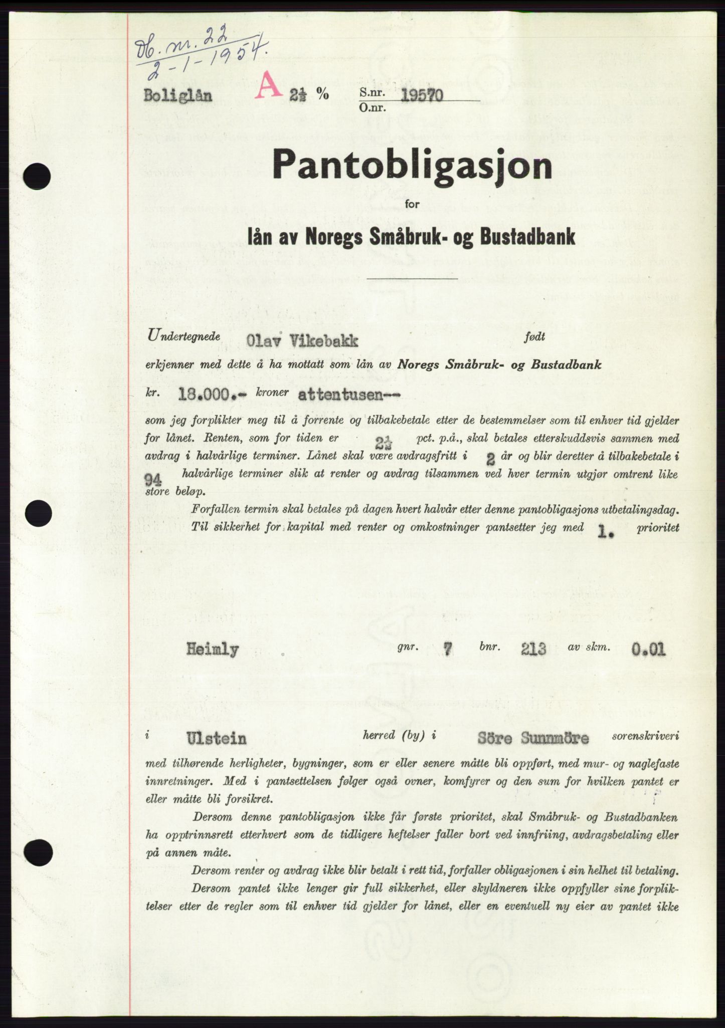 Søre Sunnmøre sorenskriveri, SAT/A-4122/1/2/2C/L0124: Pantebok nr. 12B, 1953-1954, Dagboknr: 22/1954