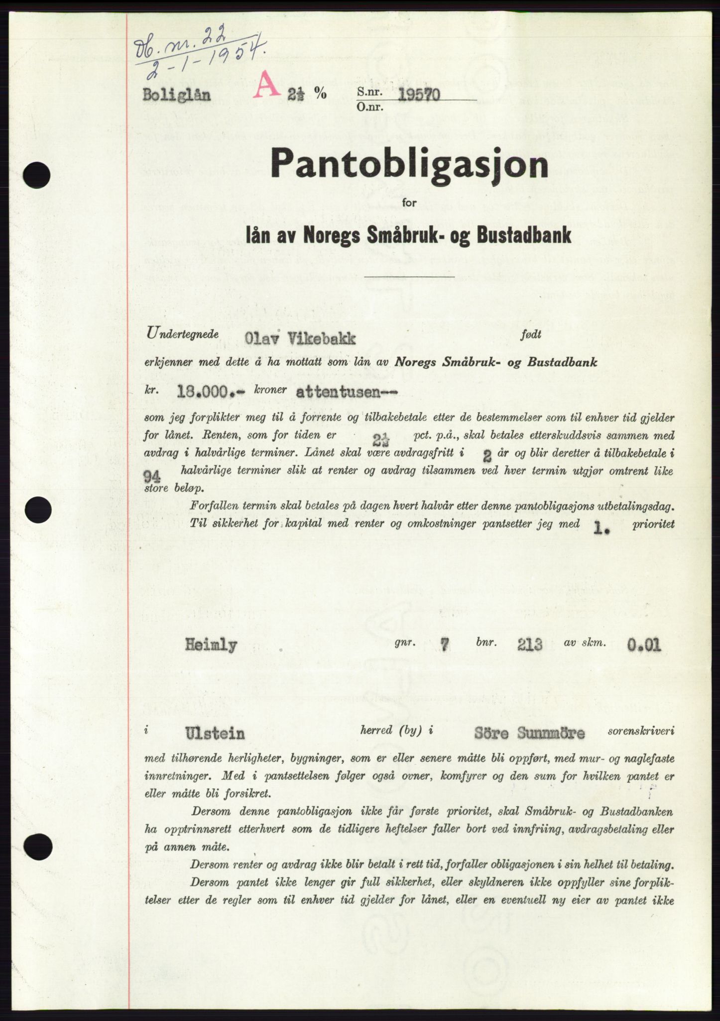 Søre Sunnmøre sorenskriveri, AV/SAT-A-4122/1/2/2C/L0124: Pantebok nr. 12B, 1953-1954, Dagboknr: 22/1954