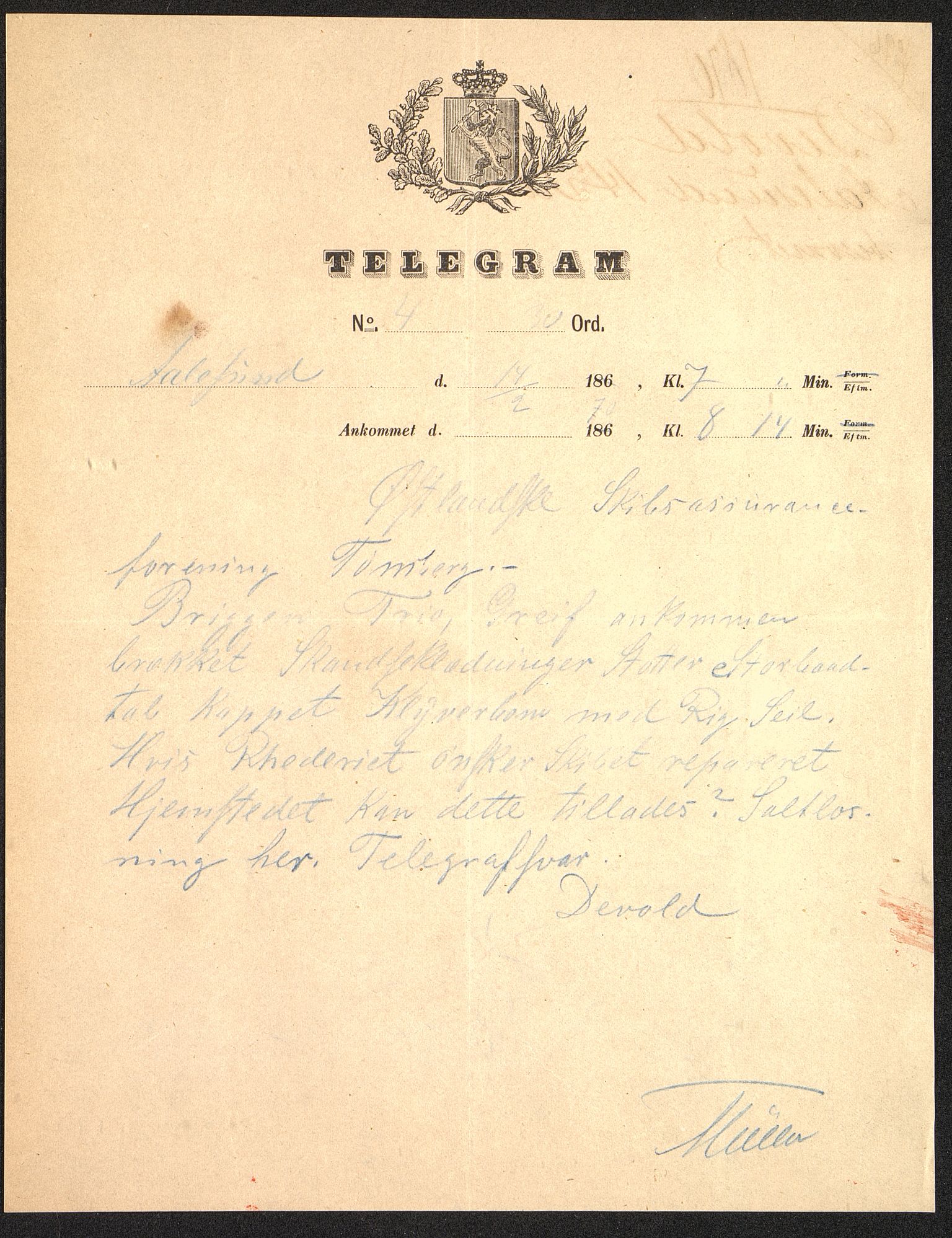 Pa 63 - Østlandske skibsassuranceforening, VEMU/A-1079/G/Ga/L0002/0005: Havaridokumenter / Trio, 1869