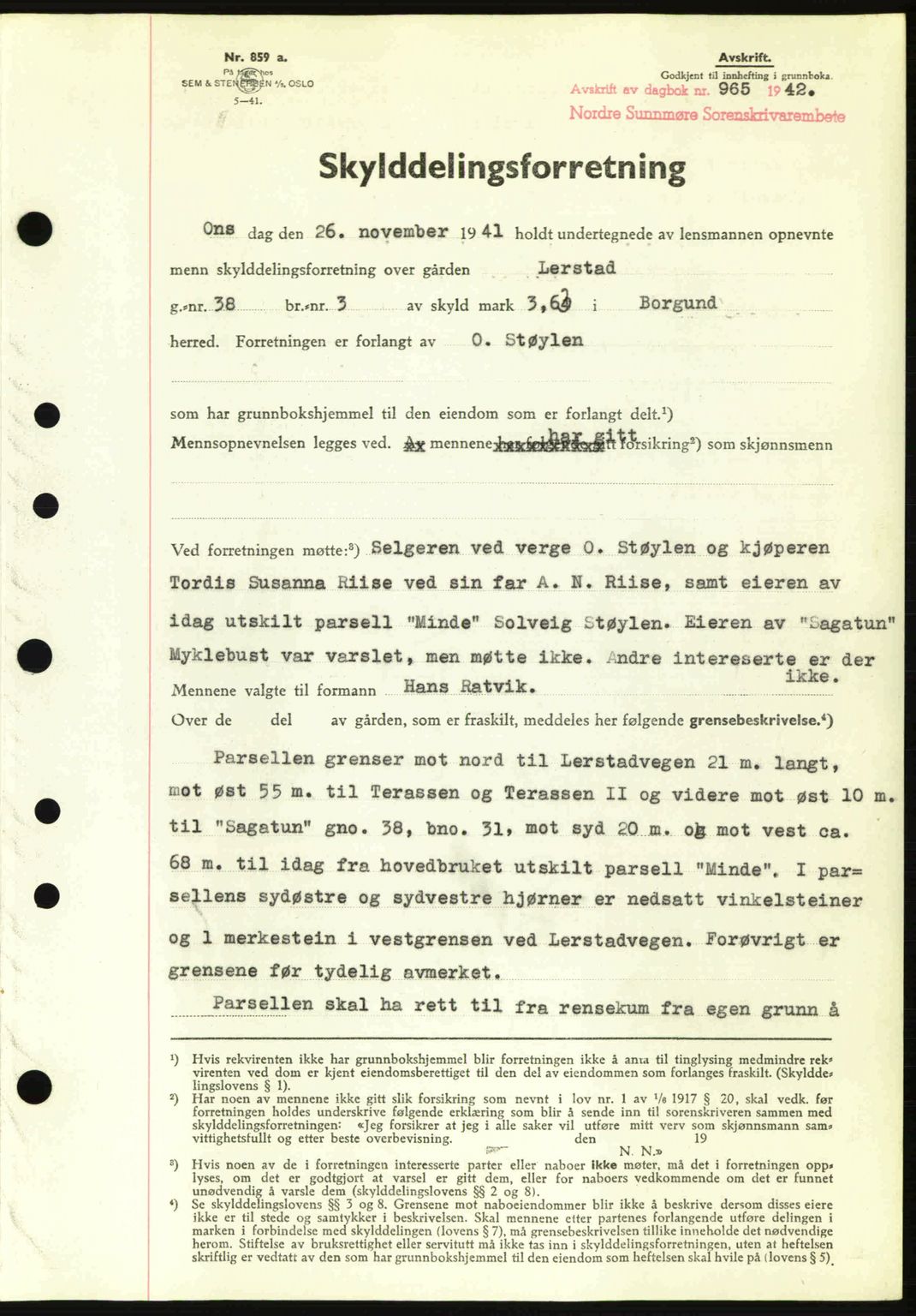 Nordre Sunnmøre sorenskriveri, AV/SAT-A-0006/1/2/2C/2Ca: Pantebok nr. A13, 1942-1942, Dagboknr: 965/1942