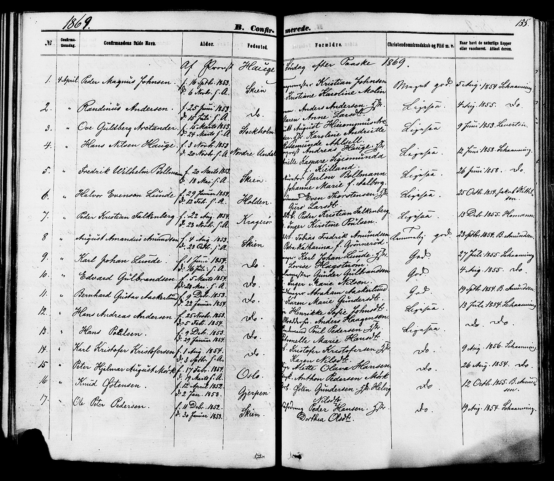 Skien kirkebøker, AV/SAKO-A-302/F/Fa/L0008: Ministerialbok nr. 8, 1866-1877, s. 135