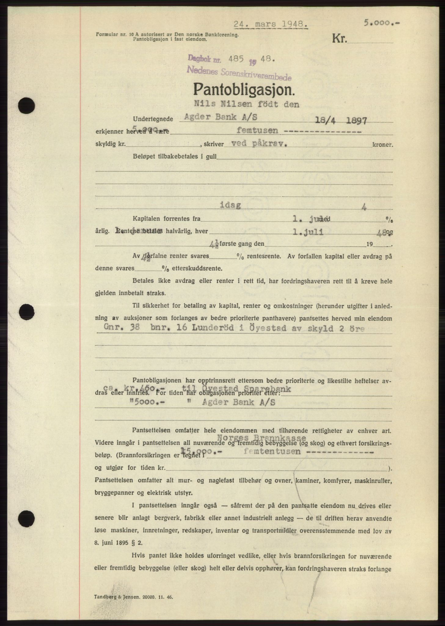 Nedenes sorenskriveri, AV/SAK-1221-0006/G/Gb/Gbb/L0005: Pantebok nr. B5, 1948-1948, Dagboknr: 485/1948