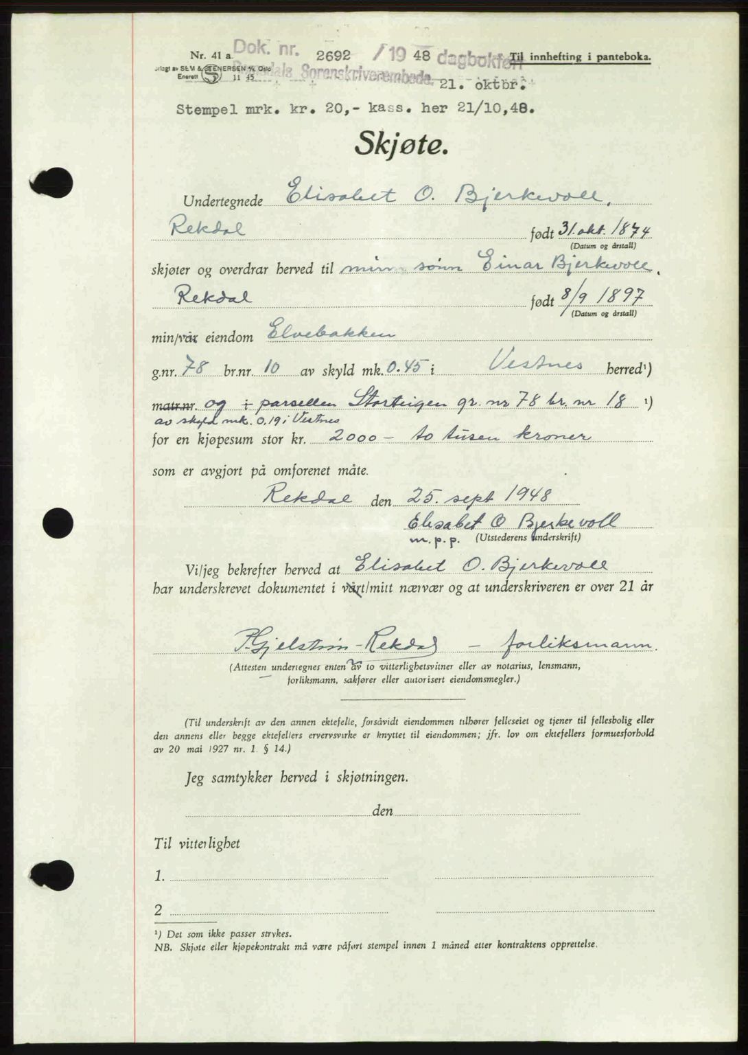 Romsdal sorenskriveri, SAT/A-4149/1/2/2C: Pantebok nr. A27, 1948-1948, Dagboknr: 2692/1948