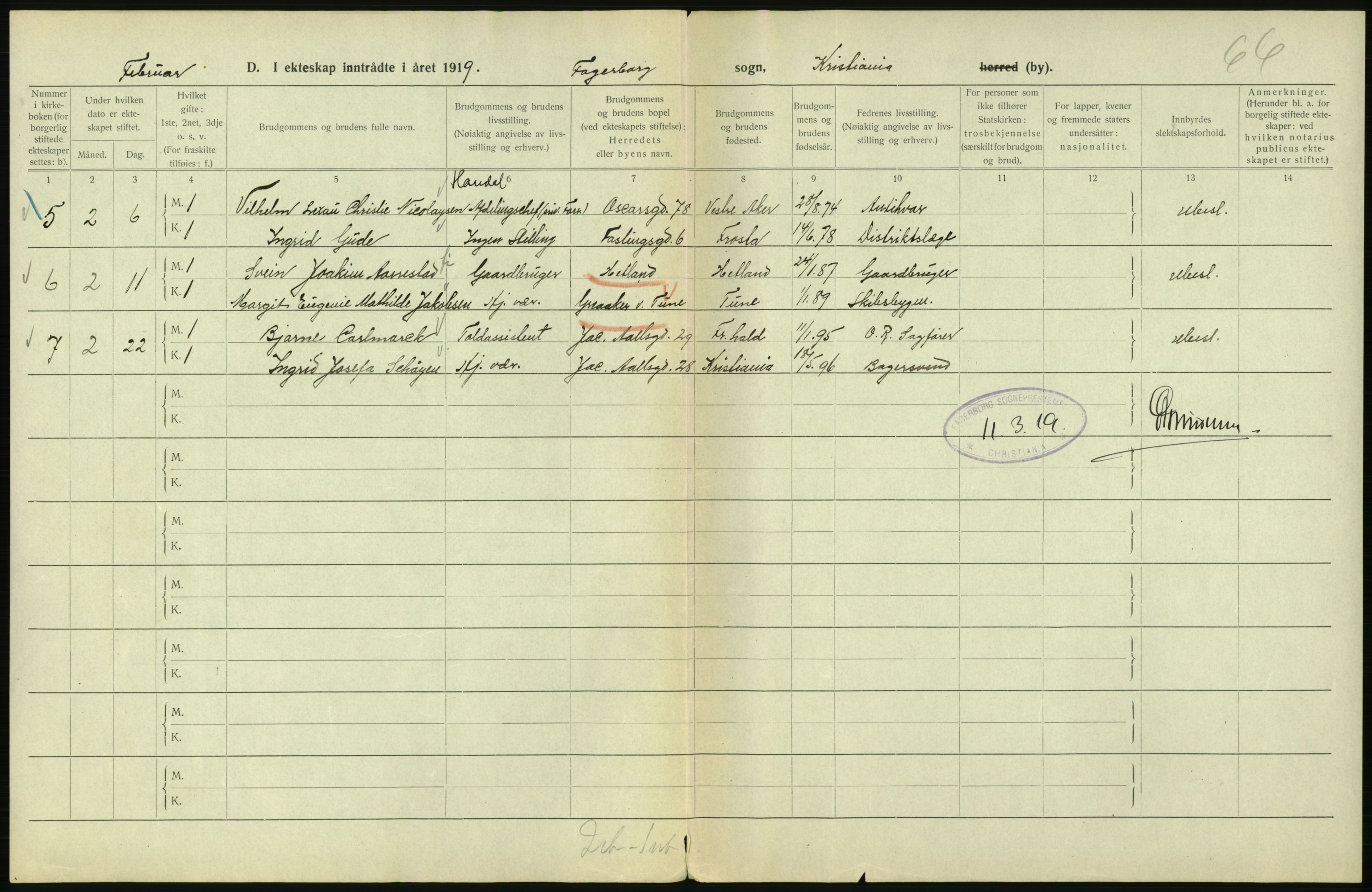 Statistisk sentralbyrå, Sosiodemografiske emner, Befolkning, AV/RA-S-2228/D/Df/Dfb/Dfbi/L0009: Kristiania: Gifte, 1919, s. 246