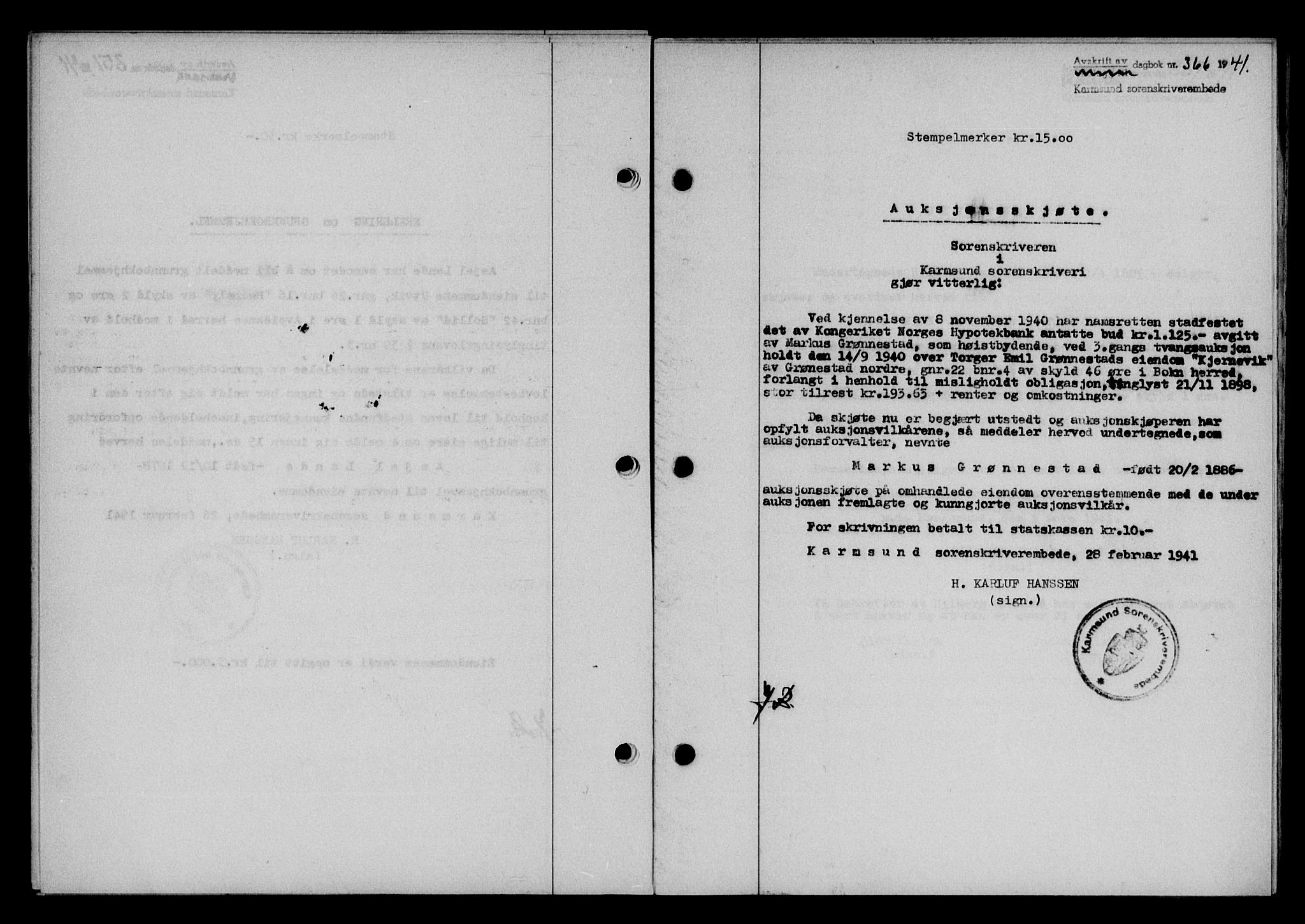 Karmsund sorenskriveri, SAST/A-100311/01/II/IIB/L0074: Pantebok nr. 55A, 1940-1941, Dagboknr: 366/1941