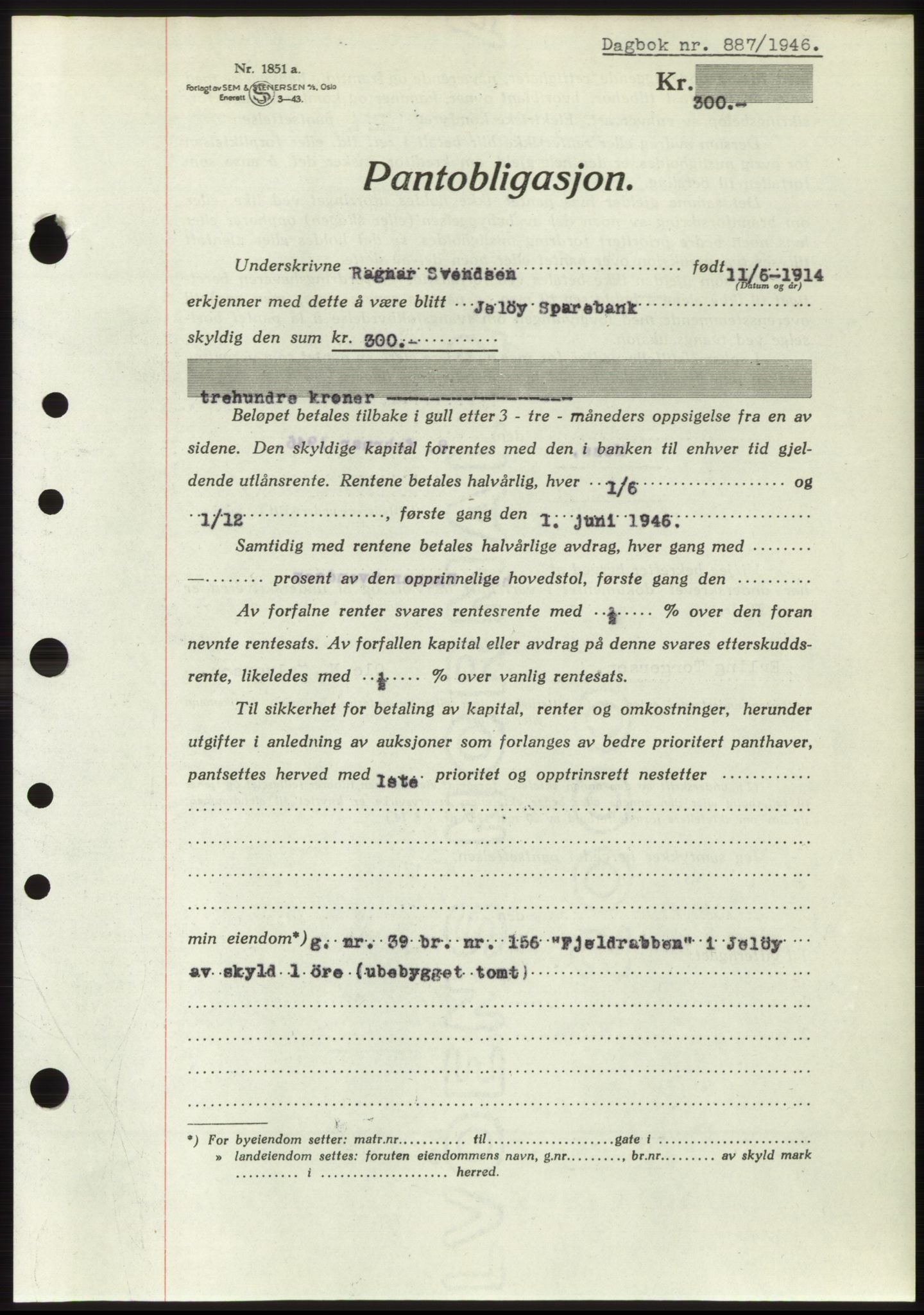Moss sorenskriveri, SAO/A-10168: Pantebok nr. B15, 1946-1946, Dagboknr: 887/1946