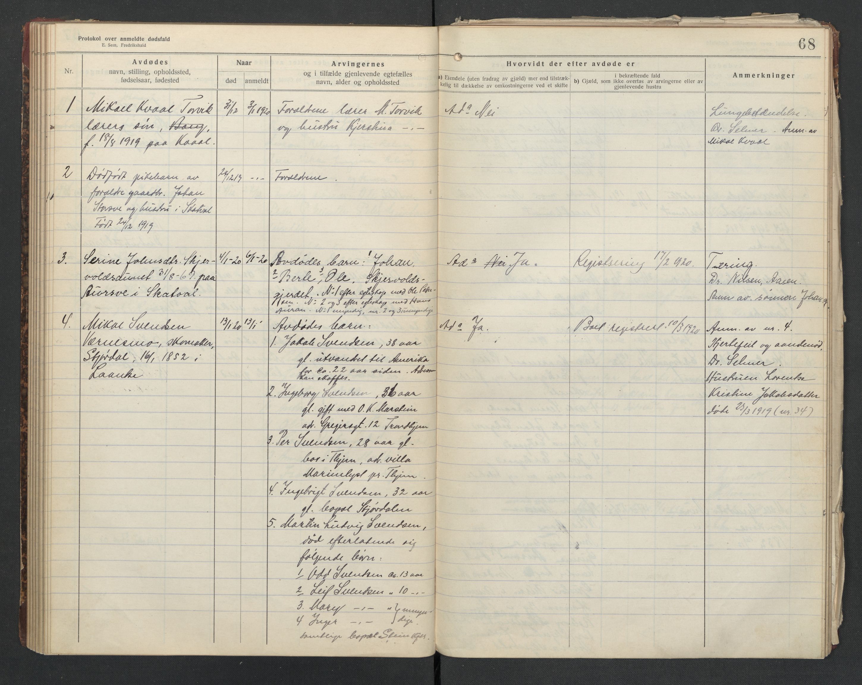 Nedre Stjørdal lensmannskontor, SAT/A-1044/02/L0004: 2.01.04 Dødsfallsprotokoller, 1917-1921, s. 68