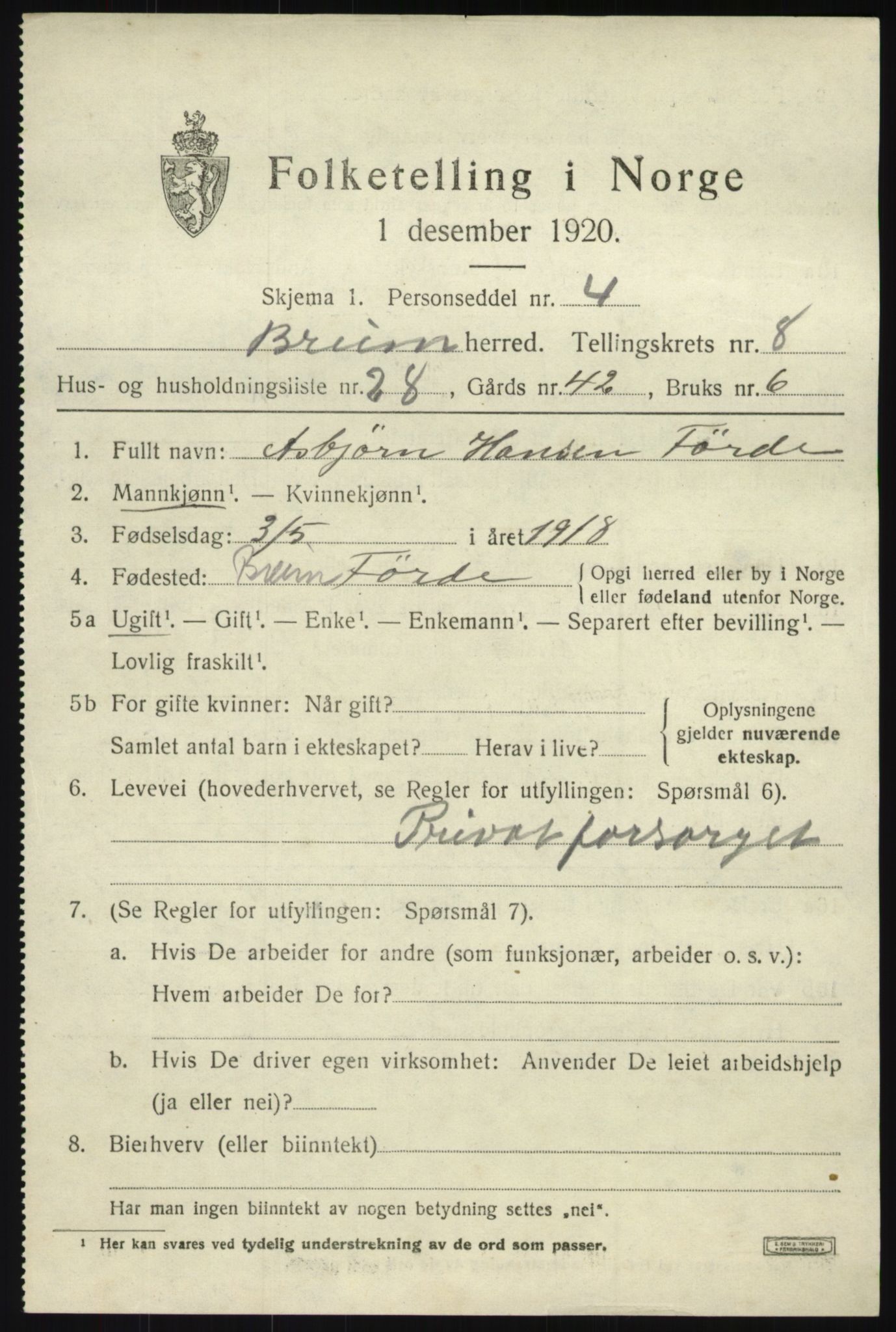 SAB, Folketelling 1920 for 1446 Breim herred, 1920, s. 4449